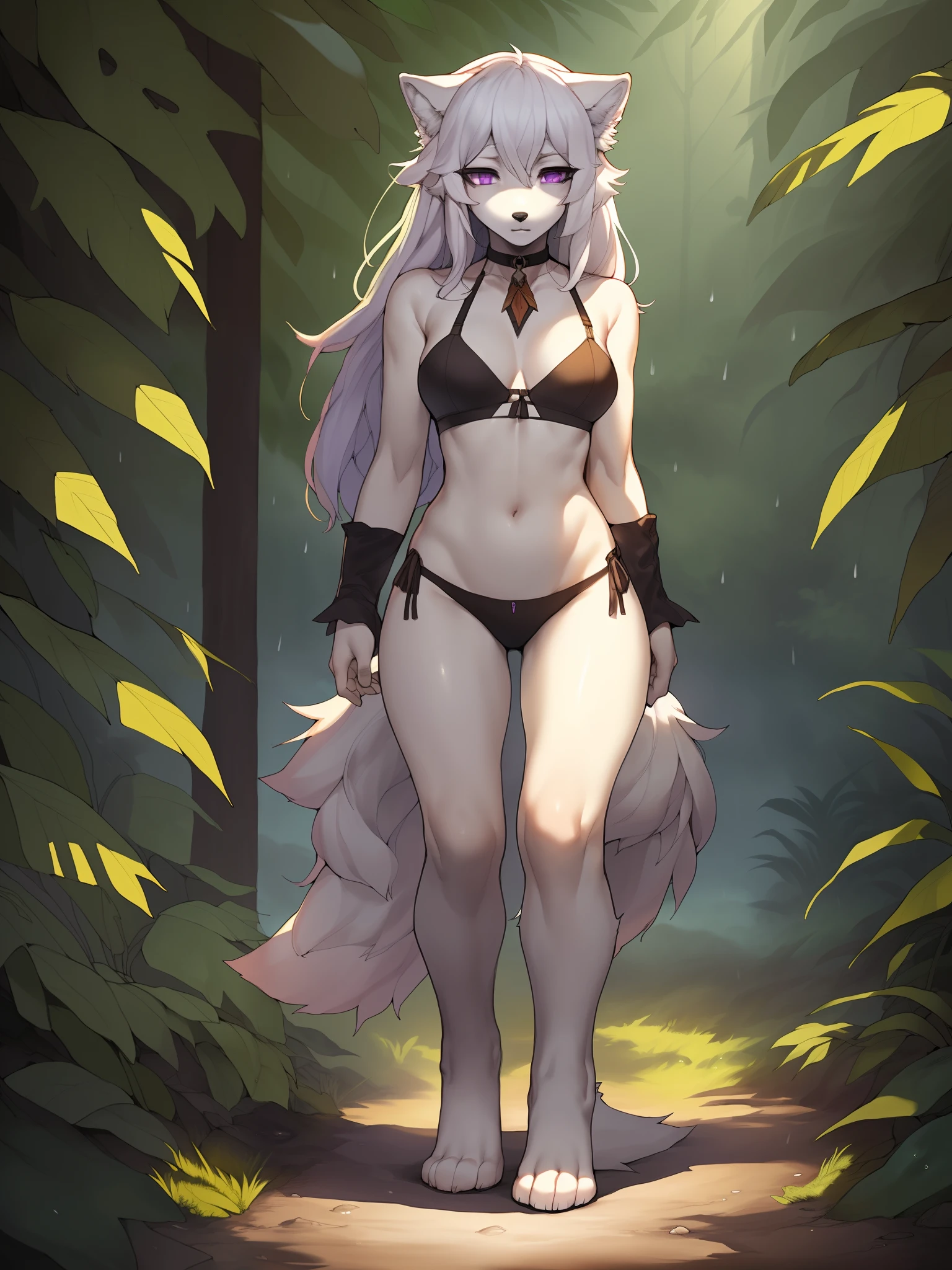 Naomi, solo, female, (slim), (white female anthro wolf):1.3, standing, (brown tribal clothing, skimpy) detailed eyes, wolf tail, long white hair,  (detailed eyes, purple eyes, glowing eyes):1.1, (outdoors:1.35), in a jungle, (heavy rain):1.4, night, detailed background, 8k HD, (dark shadows, wide dynamic range, hdr, low light:1.2), (by gudlmok99, by sleepiness18, by claweddrip) full body shot, feet in frame, 4 toes, feet paws, hiding in foliage, crawling