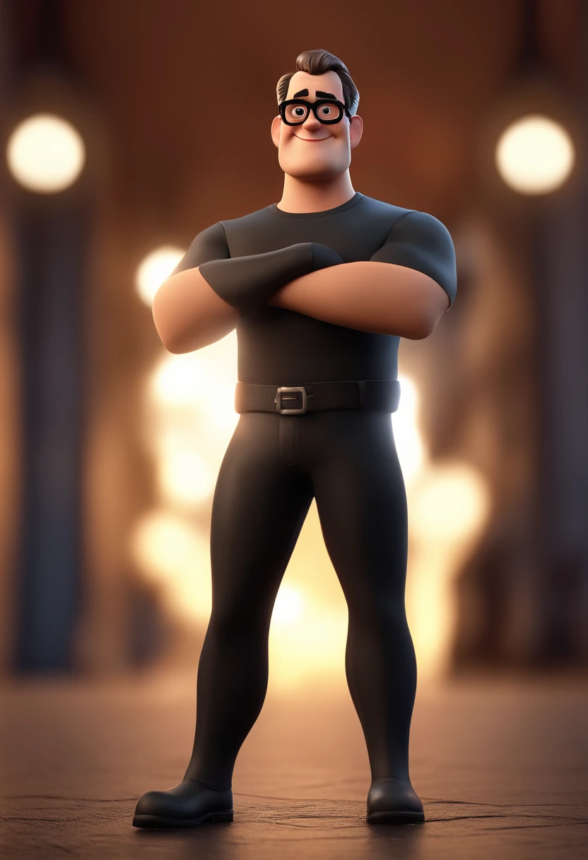 Pixar cartoon character of a brunette man with black glasses and a black shirt, animation character, Caractere estilizado, animation style rendering, 3D estilizado, Arnold Maya render, 3 d render stylized, toon render keyshot, Personagem 3D, Personagem 3D, 3d rendering stylized, 3 d character render, personagem de desenho animado, Personagem de close up, Pose de personagem, (Estilo Pixar) (master part:1.2) (Bokeh) (best quality) (pele detalhada) (textura detalhada) (8k) (argila) (Cinematic lighting) (foco nítido