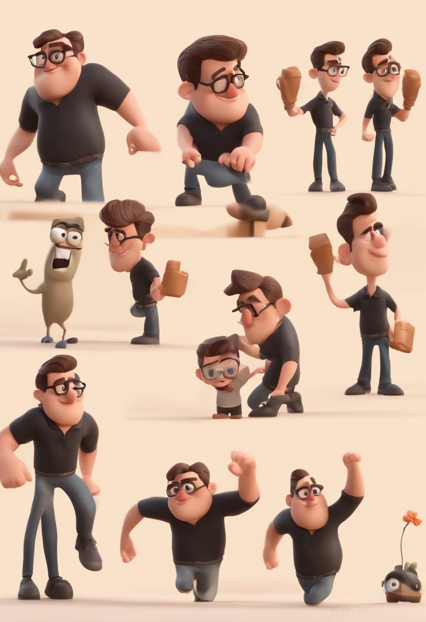 Pixar cartoon character of a brunette man with black glasses and a black shirt, animation character, Caractere estilizado, animation style rendering, 3D estilizado, Arnold Maya render, 3 d render stylized, toon render keyshot, Personagem 3D, Personagem 3D, 3d rendering stylized, 3 d character render, personagem de desenho animado, Personagem de close up, Pose de personagem, (Estilo Pixar) (master part:1.2) (Bokeh) (best quality) (pele detalhada) (textura detalhada) (8k) (argila) (Cinematic lighting) (foco nítido