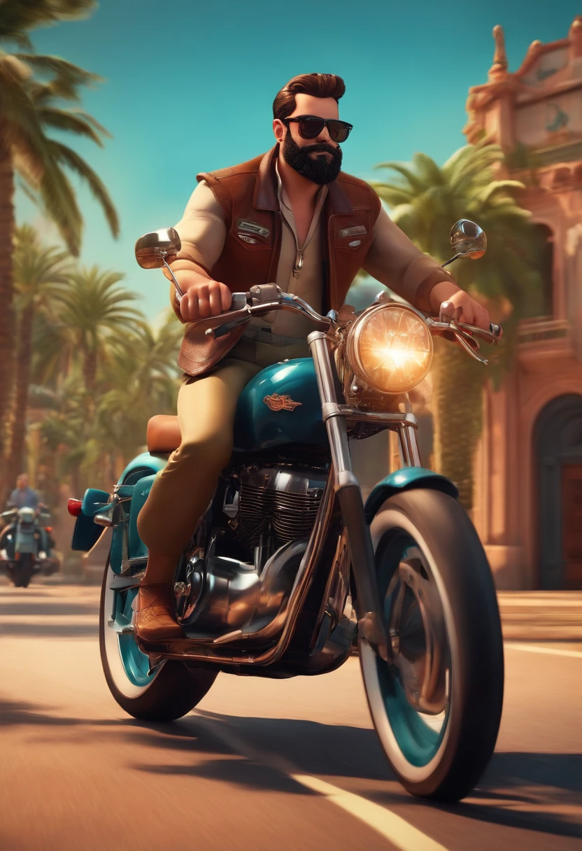 a 3D Disney Pixar style poster of a man with a beard and sunglasses,  pilotando uma Drag Star 650 em um passeio de motocicleta