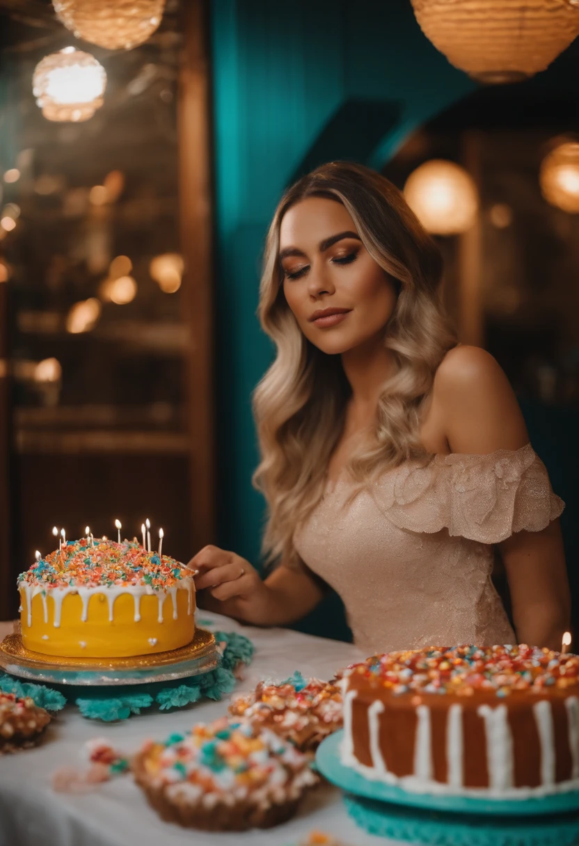 Uma mulher de 29 anos na sua confeitaria confeitando um bolo com uma roupa de confeitera confeitando um bolo ensima de uma mesa  com a outra mesa cheia de pessoas esperando o bolo