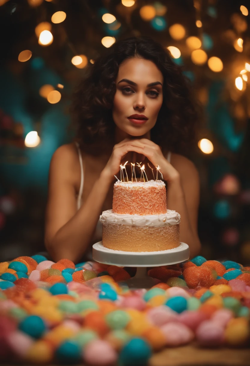 Uma mulher de 29 anos na sua confeitaria confeitando um bolo com uma roupa de confeitera confeitando um bolo ensima de uma mesa com a outra mesa cheia de pessoas esperando o bolo