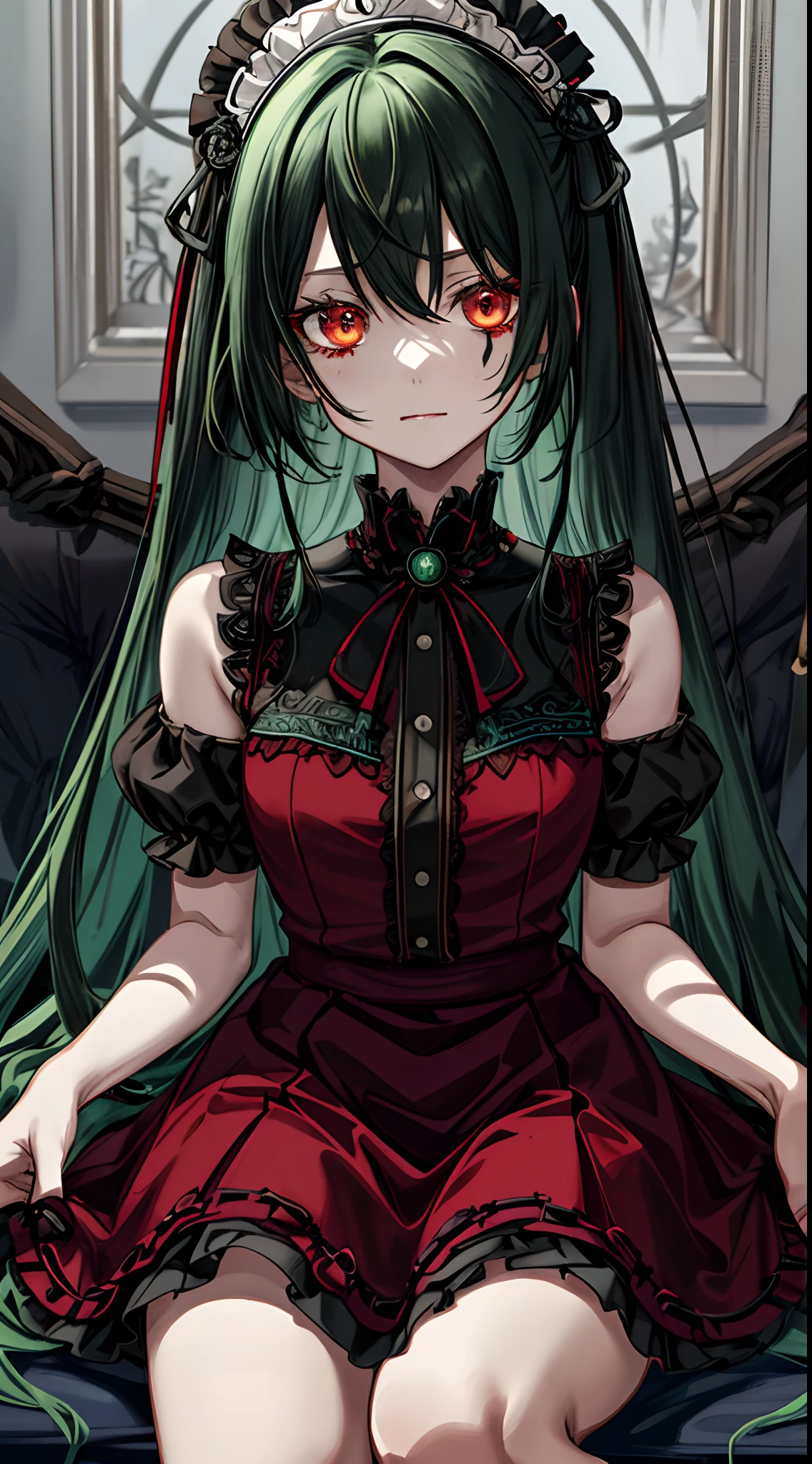 Green hair、Twin-tailed、blood splashing、Blood on clothes、dead body、Blood everywhere、blood splashing、dark hue、Red hue、Cross-eyed、Stranger、View other people、Blunt bangs、Sitting,hand between legs,maid, over-kneehighs,Ahegao , Silly,Sexual ecstasy,Drunken eyes,Blunt bangs, Black hair,(masutepiece:1.2, Best Quality), (finely detailed beautiful eye: 1.2), (Detailed background,Dark Fantasy), (beautifull detailed face), High contrast, (Best Illumination, extremely delicate and beautiful), ((Cinematic Light)), Colorful, Hyper Detail, Dramatic light, Intricate details,