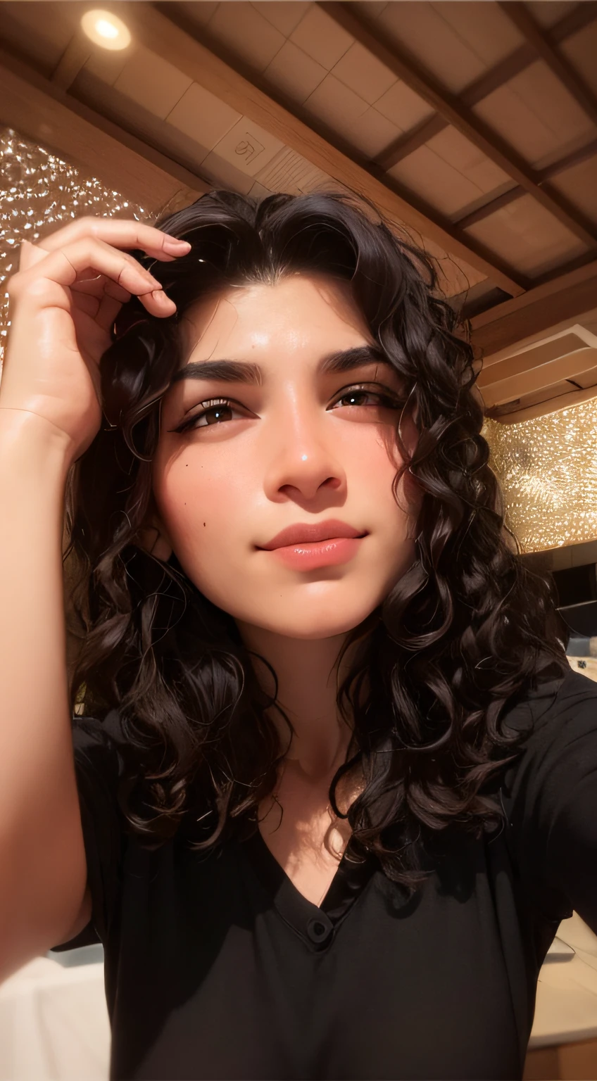 there is a woman with long curly hair posing for a picture, sem maquiagem cabelo ondulado, 18 anos, com longos cabelos cacheados, cabelos cacheados, messy curly hair, sem maquiagem, Indian girl with brown skin, imagem de perfil, Mulher de 30 anos, 3 0 anos de idade mulher, selfie de uma jovem mulher, com rosto preciso, encaracolado, imagem central