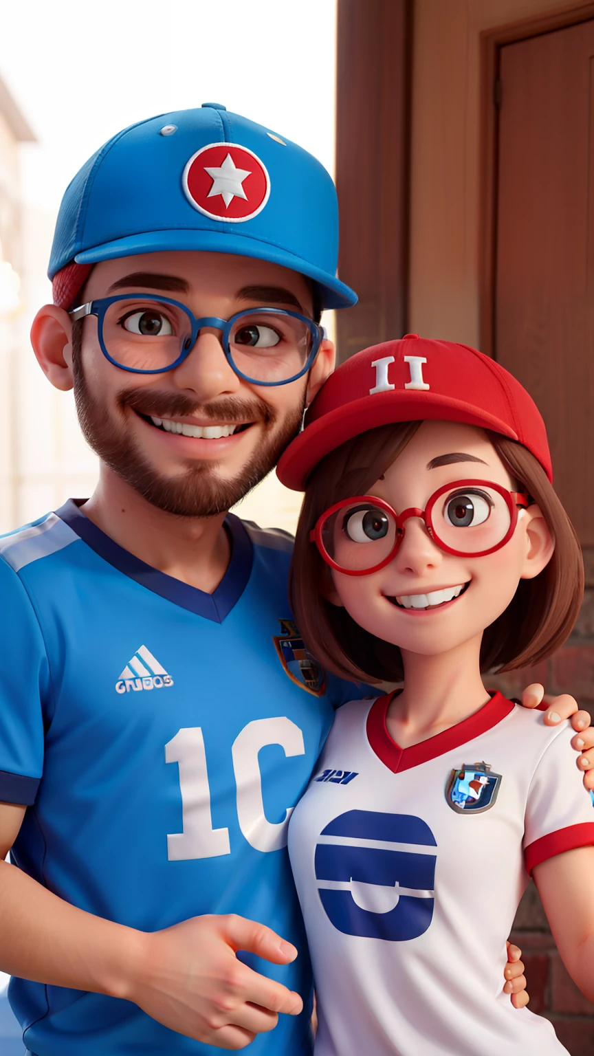 Couple of lovers with football shirt, international team and grêmio smiling, felizes, homem com barba, eyeglass, Red white smile cap, mulheres cabelo liso