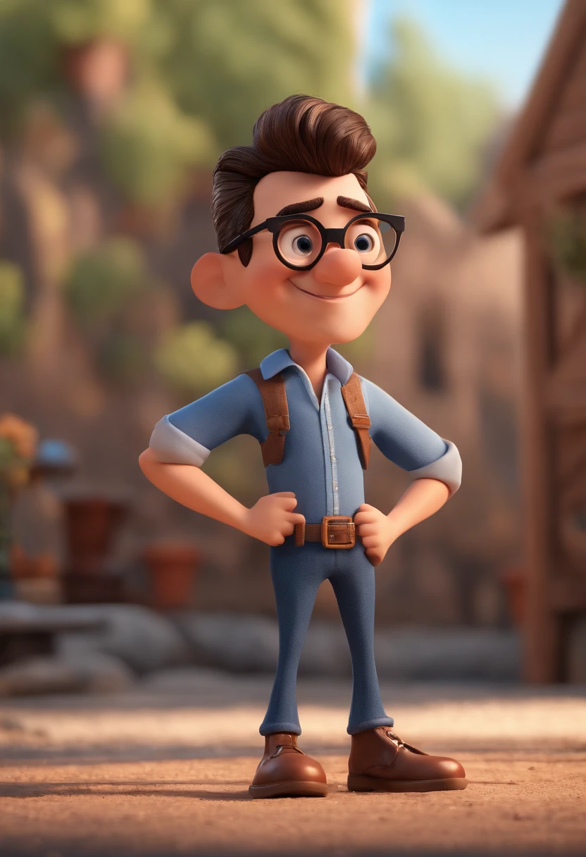 Cartoon character of a man with black glasses and a blue shirt, animation character, Caractere estilizado, animation style rendering, 3D estilizado, Arnold Maya render, 3 d render stylized, toon render keyshot, Personagem 3D, Personagem 3D, 3d rendering stylized, 3 d character render, personagem de desenho animado, Personagem de close up, Pose de personagem, (Estilo Pixar) (master part:1.2) (Bokeh) (best quality) (pele detalhada) (textura detalhada) (8k) (argila) (Cinematic lighting) (foco nítido