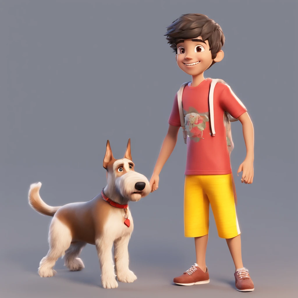 Lucas is a smiling 15-year-old human boy, com seu fiel amigo, Bolt, o cachorro schnauzer, deitados no jardim