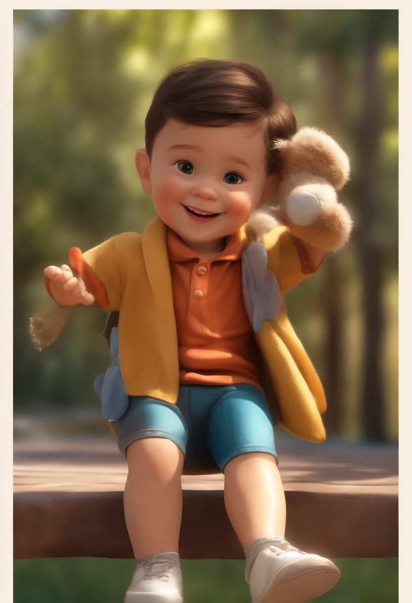 (Realistic,fotorrealista:1.37) Vivid Colorful Illustration,Rosto detalhado,Round Eyewear, com um grande sorriso,vestindo um uniforme de escoteiro,holding a teddy bear,textura peluda,Soft and hugged bear,Pixar-style rendering,roupas lindamente texturizadas,Outdoor scenery with trees and flowers,Warm sunlight filtering through the leaves,expression joyful,Magic and Extravagant Sensation,atmosfera feliz e despreocupada,artistic lighting,cores e contrastes brilhantes,fundo encantado da floresta,Happy childhood memories,Depth and dimension,authentic emotions,Playful and lively vibe,Expressive eyes and lips,Joyful and adventurous spirit,Adorable and exciting,exquisite attention to detail,Playful interaction with the characters.
