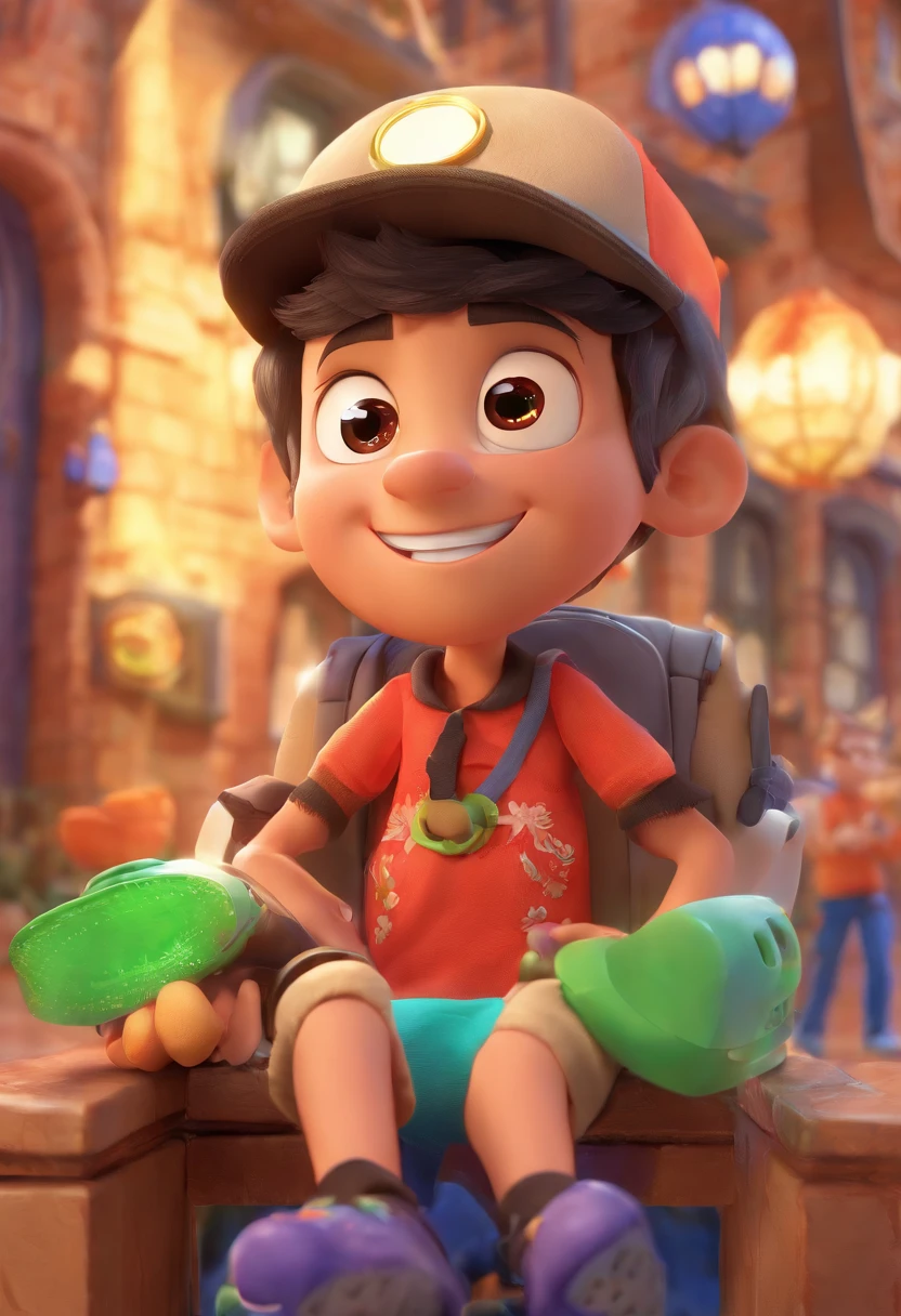 Disney Pixar 3D character of a fair-skinned boy wearing a black cap and black hair holding a Sony FX30 film camera, (La mejor calidad, Ultra detallado, realista:1.37), colores vibrantes, Studio lighting, [Renderizado 3D], [Captivating expression], [pose juguetona], [Entorno exterior], [Attention to facial details], [Fondo animado], [Impresionantes obras de arte], [ojos expresivos], [youthful energy], [Traje detallado], [Cabello negro distintivo], [Focus on the camera], [Playful atmosphere], [vivid colors], [dynamic composition], [Attention to lighting and shadows], [Narrativa atractiva], [Creative Exploration], [Inspired by fantasy], [toque caprichoso], [inspired by Disney Pixar aesthetics], [Magia en el aire], [Emocionante aventura], [enthusiastic expression], [dynamic perspective], [Cheerful spirit], [Captivating storytelling], [Detalles impresionantes en los objetos circundantes], [Attention to textures and materials], [Ambiente encantador], [Captivating character design], [Emphasis on facial features], [Calidad profesional], [artistic delicacy], [Attention to depth and dimension], [Playful interaction with the camera], [Experiencia inmersiva], [Gestos expresivos], [energy movement].
