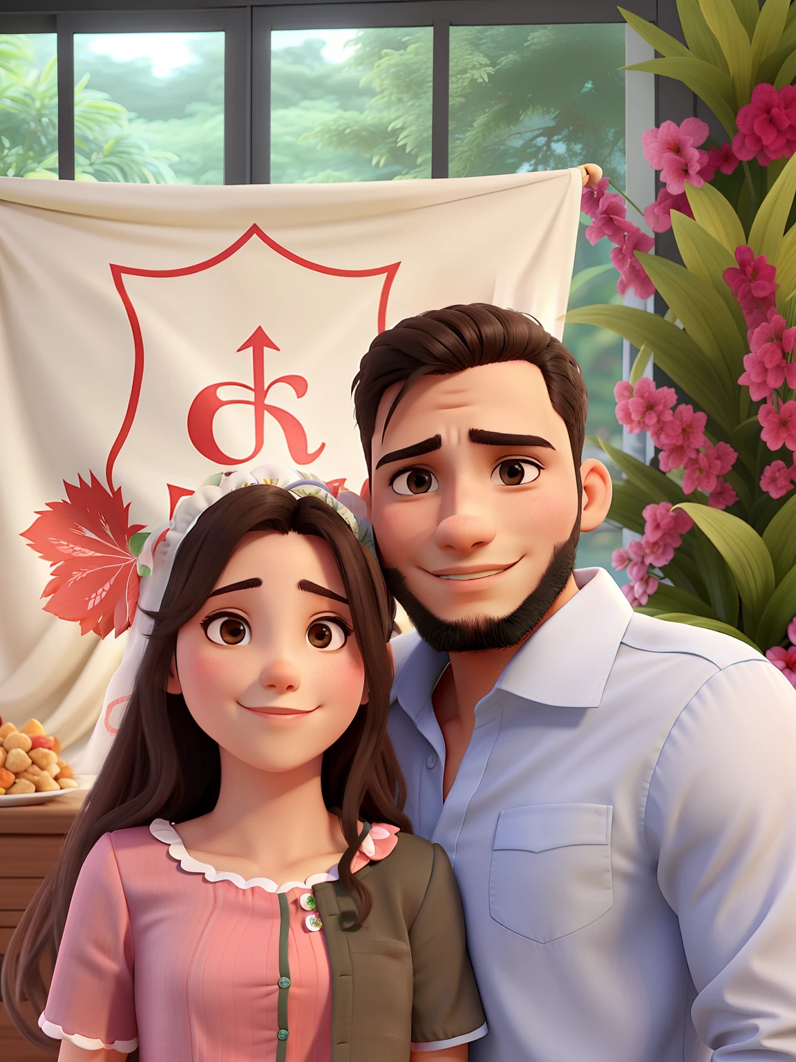 Um casal com roupa de festa em frente a um