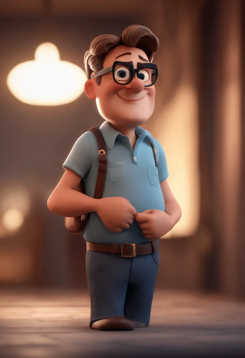 Cartoon character of a man with black glasses and a blue shirt, animation character, Caractere estilizado, animation style rendering, 3D estilizado, Arnold Maya render, 3 d render stylized, toon render keyshot, Personagem 3D, Personagem 3D, 3d rendering stylized, 3 d character render, personagem de desenho animado, Personagem de close up, Pose de personagem,  (Estilo Pixar) (master part:1.2) (Bokeh) (best quality) (pele detalhada) (textura detalhada) (8k) (argila) (Cinematic lighting) (foco nítido