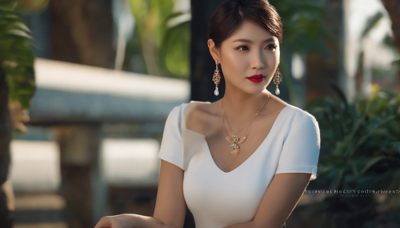 1woman,Short black skirt, mini white t-shirt, earrings, realistic Majicmix model,asian model