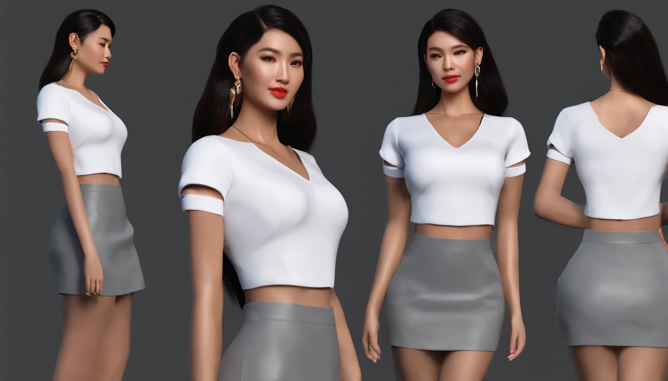 1woman,Short black skirt, mini white t-shirt, earrings, realistic Majicmix model,asian model