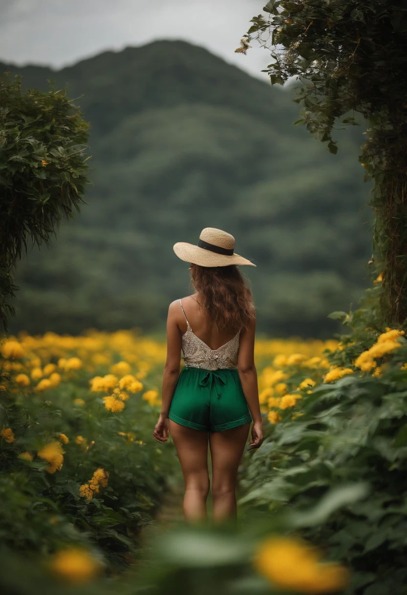 (master part, Qualidade Superior), Uma  com longos cabelos brancos sentada em um campo de plantas verdes e flores, luar quente, blurry foreground, Loli, em do rio, bons shorts, olhos estranhos