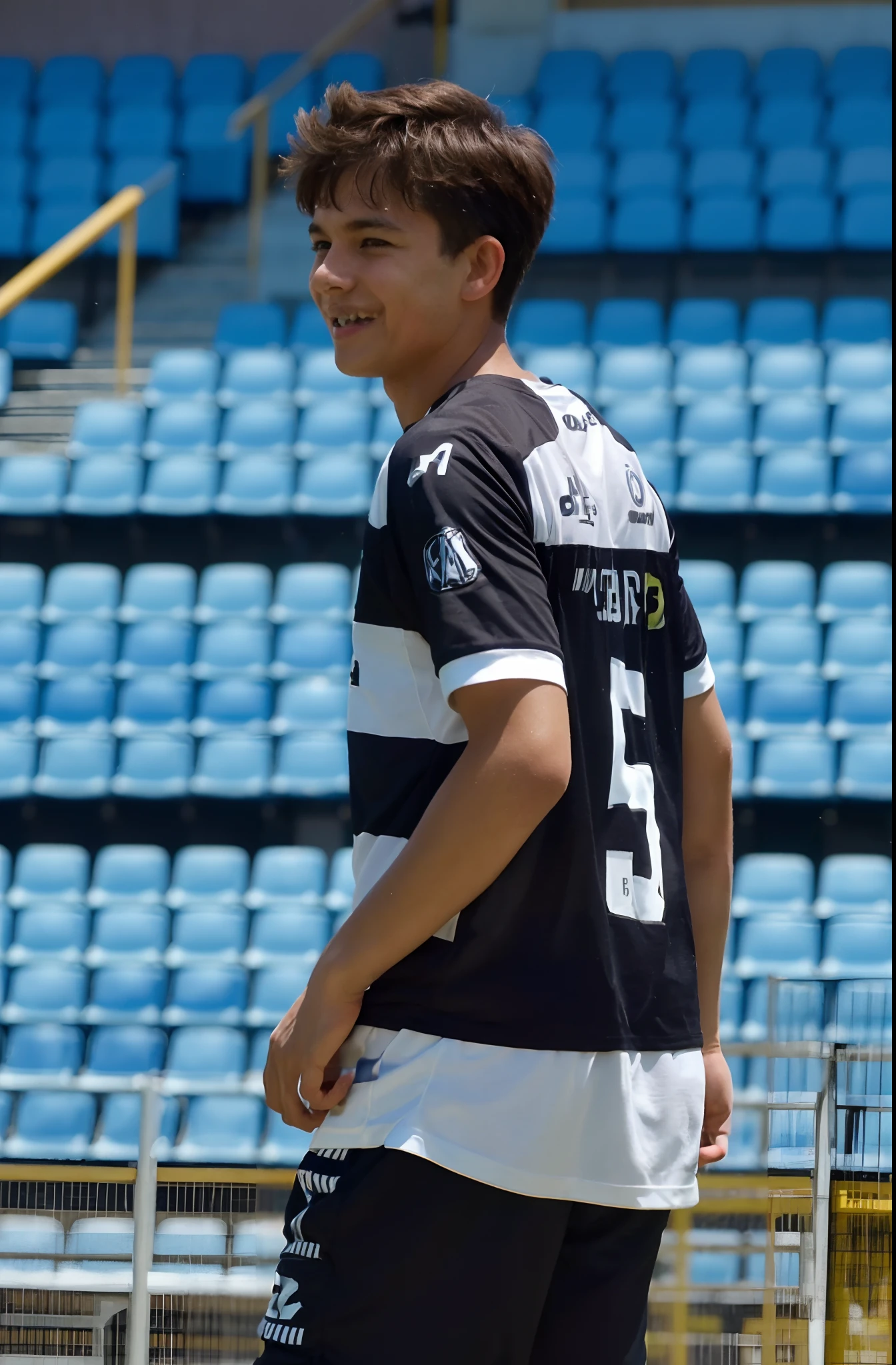 (High-quality,4k,photorealistic:1.2),a young boy running in a football field, smiling after scoring a goal, wearing a black and white horizontally striped shirt, running towards the crowd, Pixar