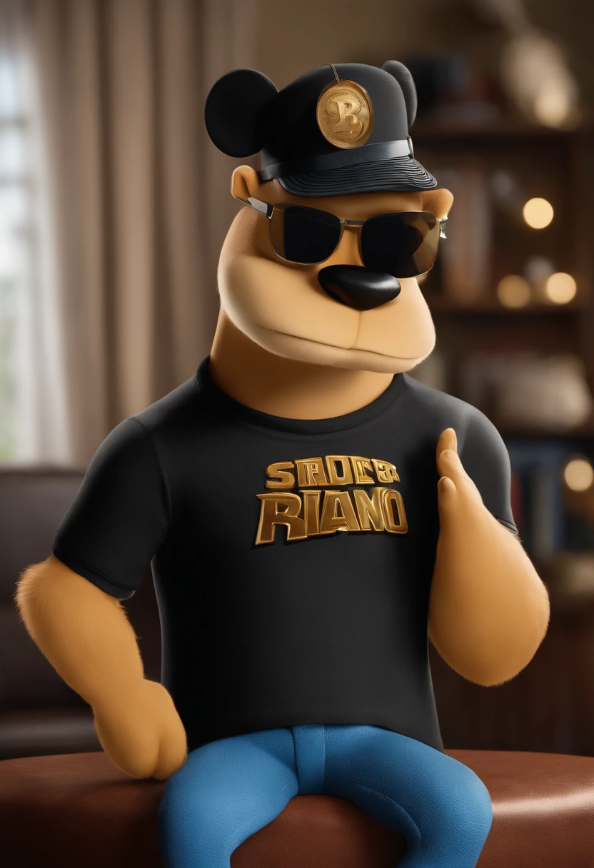 criar uma imagem no estilo do universo Disney Pixar 3D do filme Bruno, trata-se de um jovem de 30 anos de cabelos escuros, com barba fina, Wearing a black t-shirt that's a hacker, atua no ramo de fotografia automotiva , Trained in growth hacking and is almost sitting in her office negotiating her services with potential clients via video call.