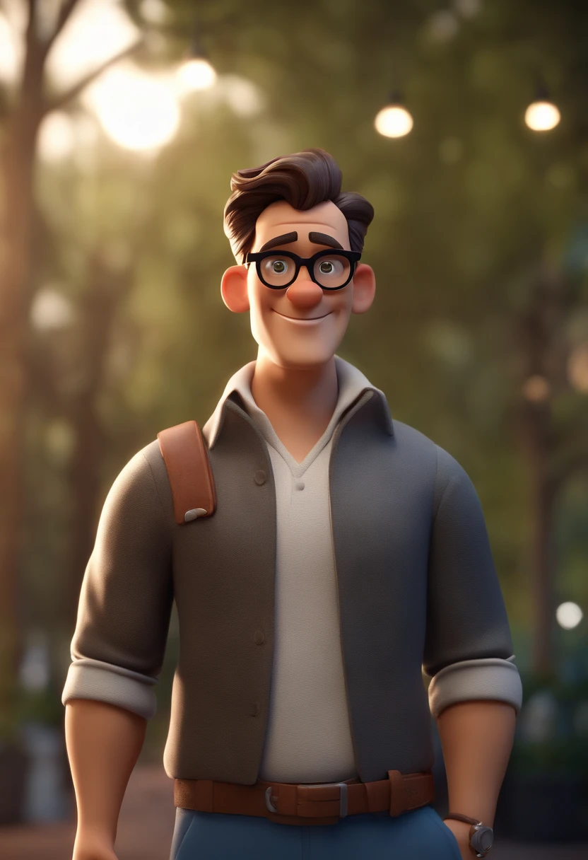 Cartoon character of a man with black glasses, cabelo cacheado marrom escuro e uma camisa azul, animation character, Caractere estilizado, animation style rendering, 3D estilizado, Arnold Maya render, 3 d render stylized, toon render keyshot, Personagem 3D, Personagem 3D, 3d rendering stylized, 3 d character render, personagem de desenho animado, Personagem de close up, Pose de personagem,  (Estilo Pixar) (master part:1.2) (Bokeh) (best quality) (pele detalhada) (textura detalhada) (8k) (argila) (Cinematic lighting) (foco nítido