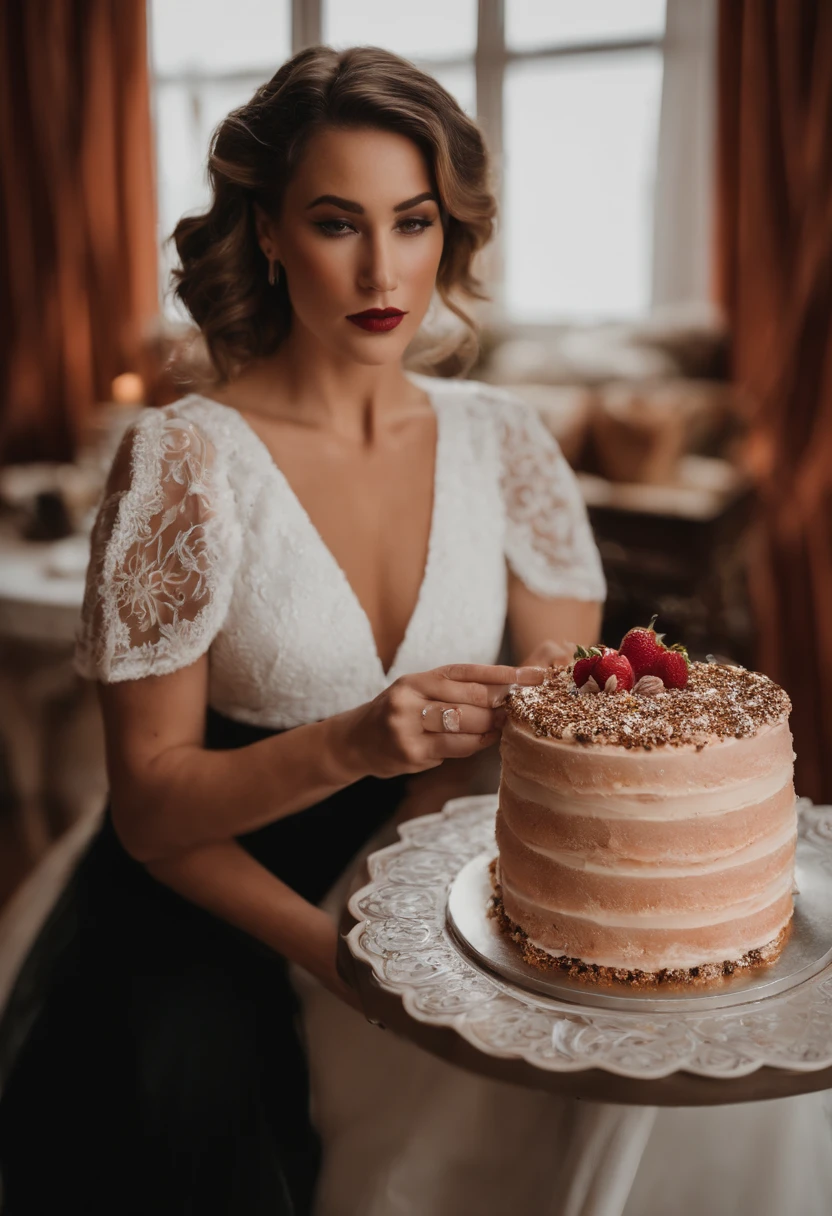 Uma mulher de 29 anos na sua confeitaria confeitando um bolo com uma roupa de confeitera confeitando um bolo ensima de uma mesa com a outra mesa cheia de pessoas esperando o bolo uma mulher com o cabelo longo preto e liso da pele branca