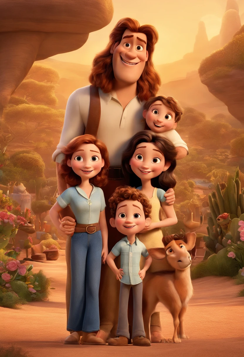 a Disney Pixar movie poster showing a white-skinned family. The father is the tallest, Tem barba curta, loiro, cabelos curtos e espinhosos. The mother has brown eyes and hair, shoulder-length and is slightly overweight. A  tem 4 anos e cabelos castanhos, roupa rosa e rabos de cavalo. The background is a beach garden. 3D-rendering