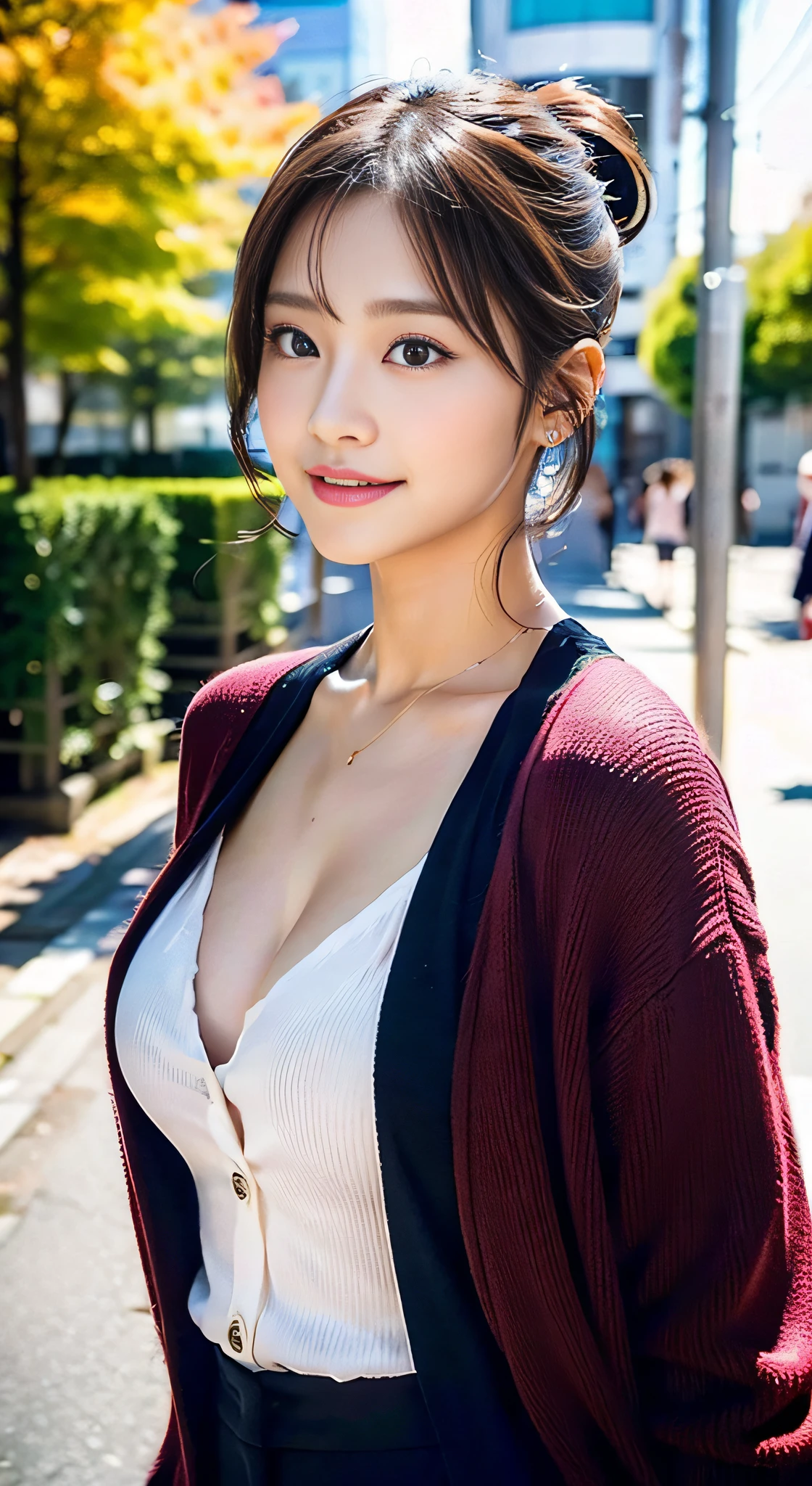 (32K,high-detail,high detal,hight resolution,highdensity,独奏,Lori:1.3),(Realistic people,Live action,A detailed eye,High resolution eyes,Fine eyes,Eyes that look like they are alive,beautiful dark blue eyes,Fishing eyes,Detailed lips,Crystal clear white skin,detailed realistic faces:1.3),(Japanese ido,Korean Idols,model in Japan,Korean models:1.2),(with a flushed face,natural make up,a necklace,piercings:1.4)(Blouse,Red pumps with high heels,Wide pants,Red cardigan,Business Casual Fashion:1.6),(well-shaped breasts:1.5),(Young but very beautiful and elegant Japan people16 year old beautiful girl,Cute black eyes,Smile a little coldly,facing back,turned around,Looking at the camera,Fashion Leader,Business Girl,Soft skin,Unforgettable eyes,Her eyes are too beautiful,Business Pants Fashion,Pink Short Cut Low Ponytail:1.6),(showing your whole body,Show full-body fashion,:1.7)