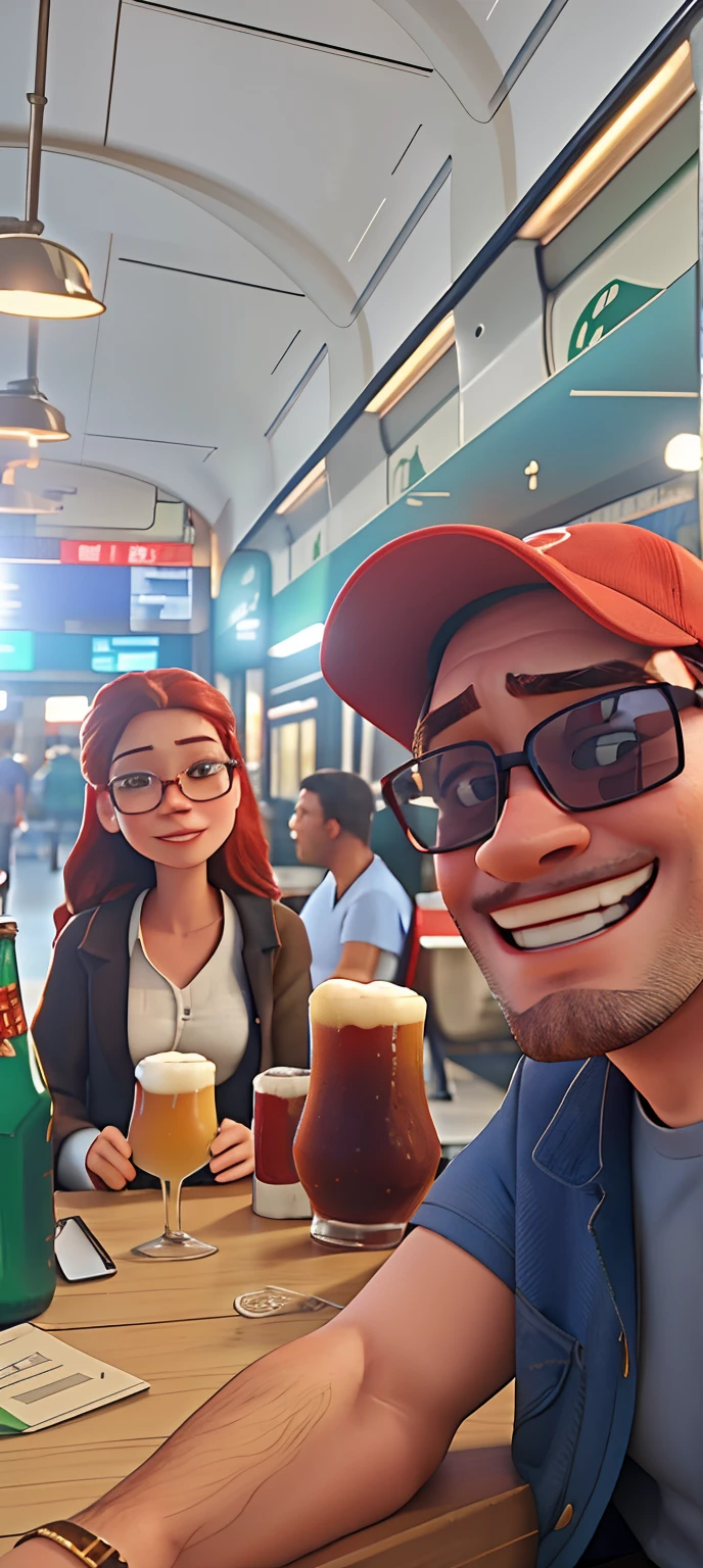 There are two people sitting at a table with drinks and glasses of beer, casal feliz, Man in red cap, beard and sunglasses, Redhead woman with sunglasses, Directed by: Nandor Soldier, Foto do perfil, vacation photo, In Sao Paulo, foto de baixa qualidade, imagem de perfil, 4 k post, Postagem 4k, Foto do perfil, drinking a beer at train station, sem pub, por, turistas em segundo plano
