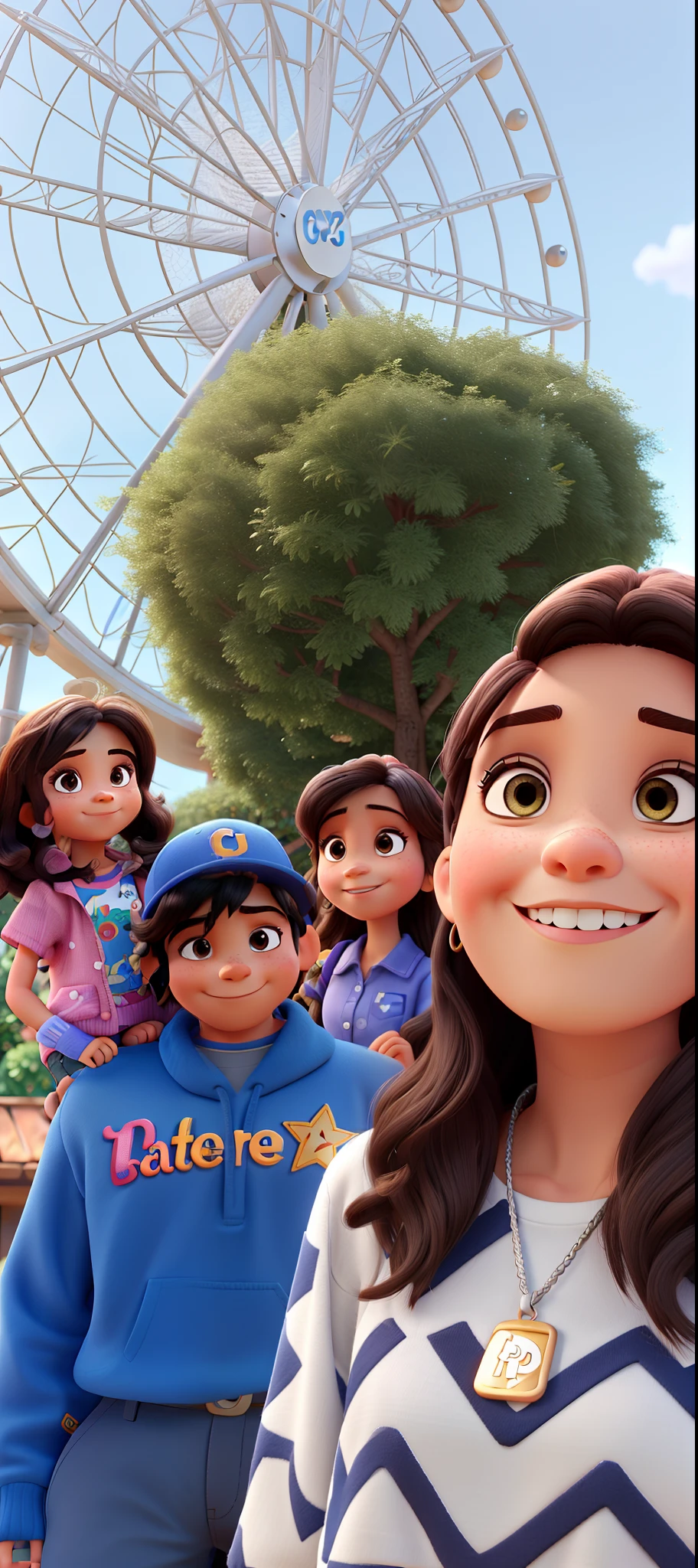 Una familia de Disney Pixar, Padre con gorra, Madre con cabello oscuro e hija con cabello rubio, Alta calidad, mejor calidad