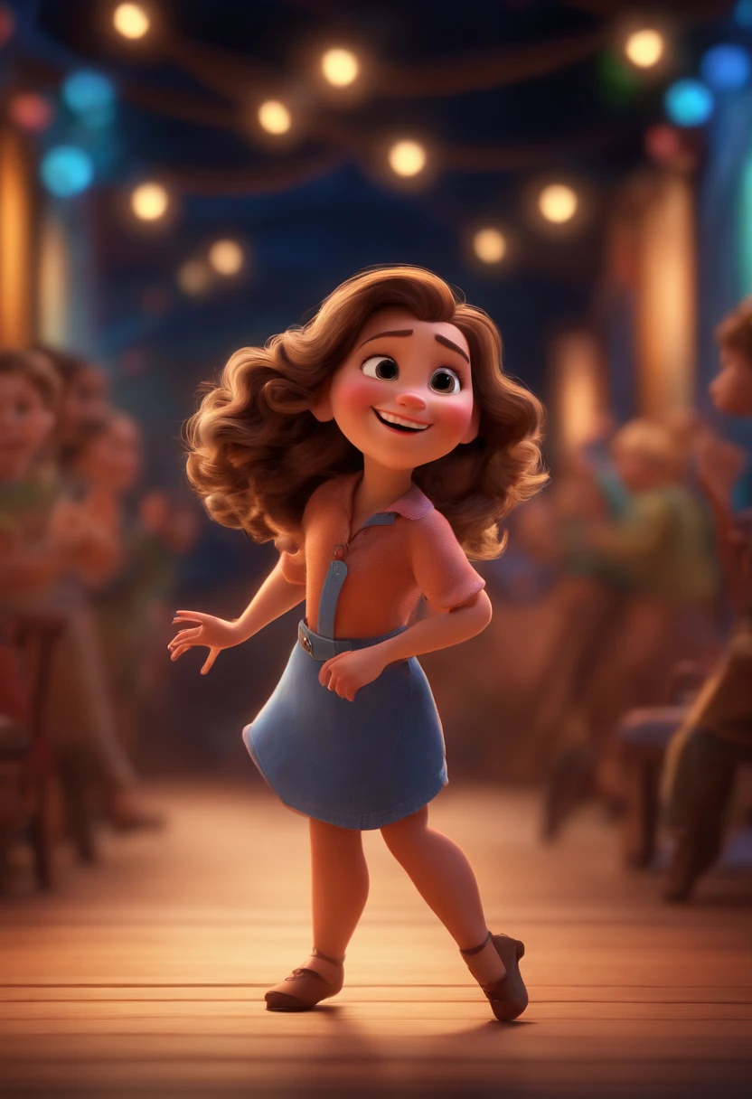 Pixar style image with 3D character brunette woman medium blonde hair dancing, Maquiagem Disney,Pescador, bonitinho, sorridente ,Close-up, Pixar, Disney, Cinema lighting,