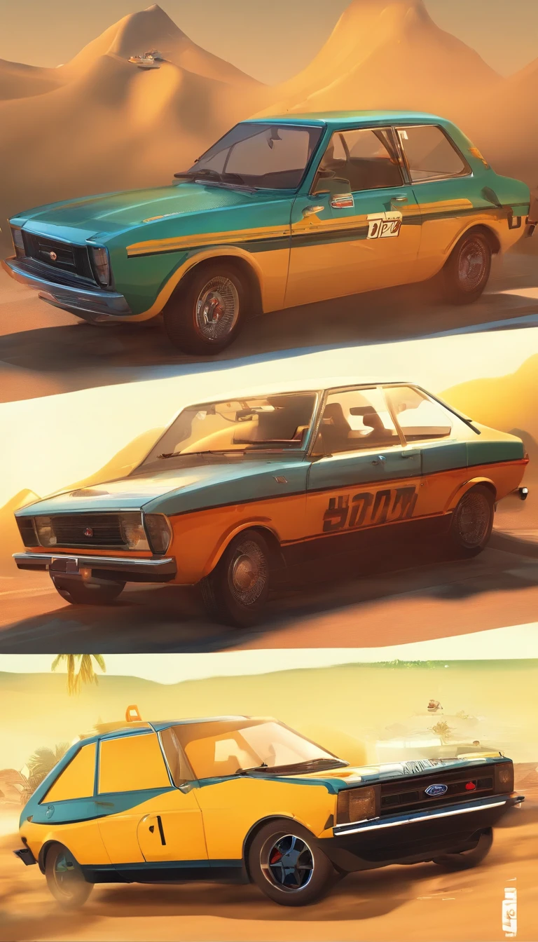 Crie um poster de um Ford Corcel GT 1977 branco, com faixas e adesivos na cor preta, Estilo Pixar que lembre o filme "Carros". The backdrop must be some tourist spot in the city of Campinas, São Paulo, Brasil.