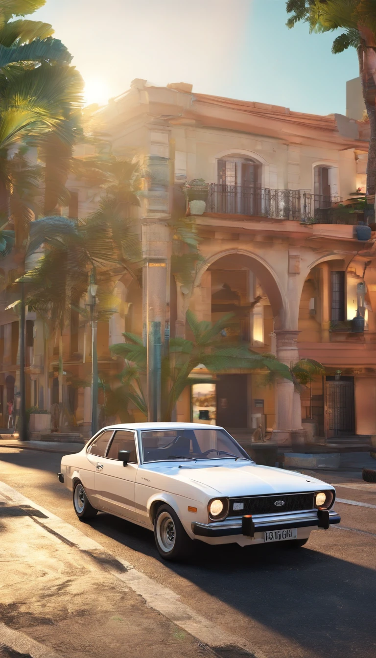 Crie um poster de um Ford Corcel GT 1977 branco, com faixas e adesivos na cor preta, Estilo Pixar que lembre o filme "Carros". The backdrop must be some tourist spot in the city of Campinas, São Paulo, Brasil.