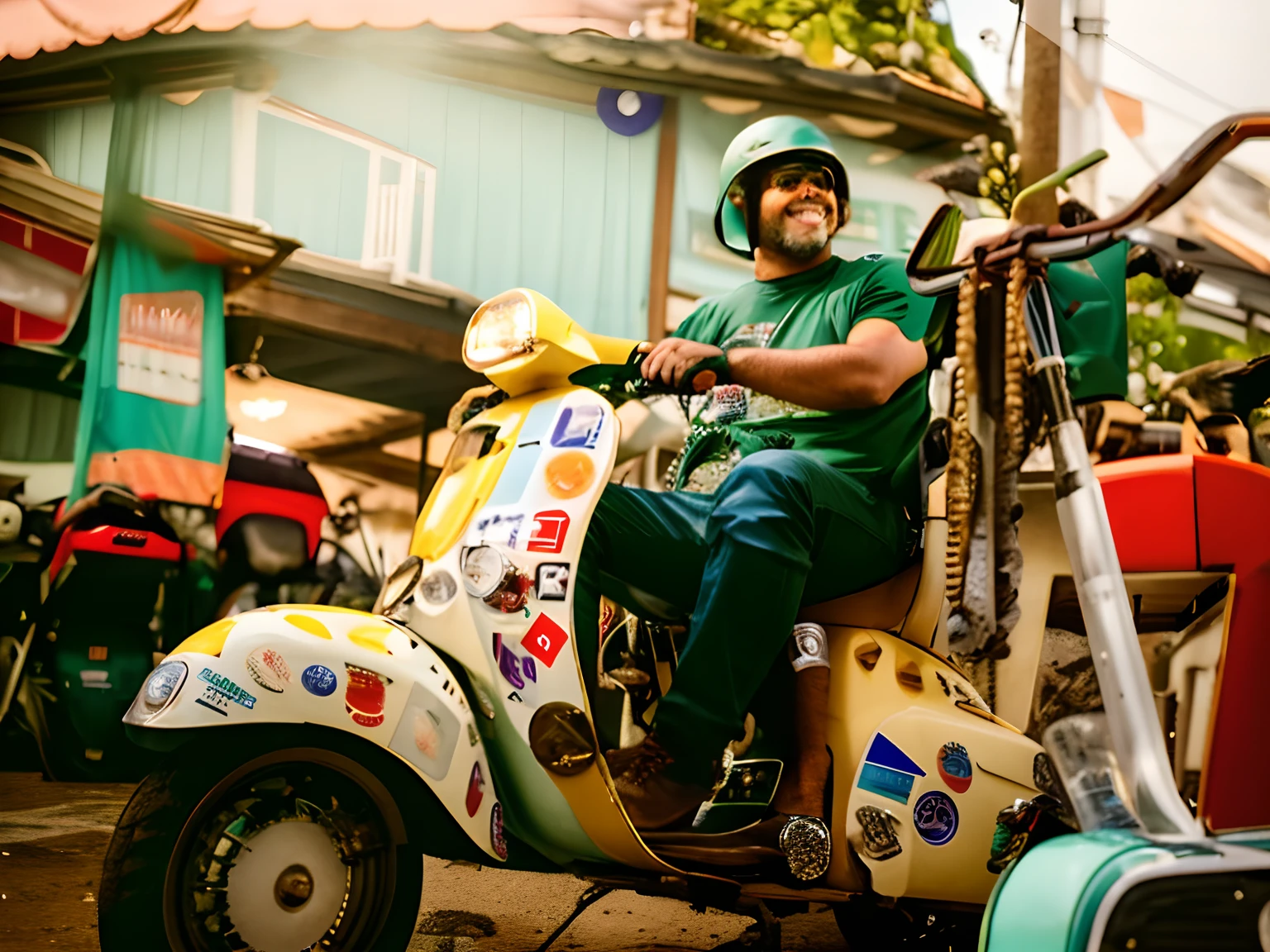 There's a man sitting on a scooter with stickers, Andar na scooter do ciclomotor, Fotografia tirada em 2 0 2 0, Directed by: Daniel Lieske, sentado em uma motocicleta, por Romain brook, Directed by: Lee Loughridge, obra-prima obra de arte, Album art, 🕹️ 😎 🔫 🤖 🚬, album, Foto tirada em 2018