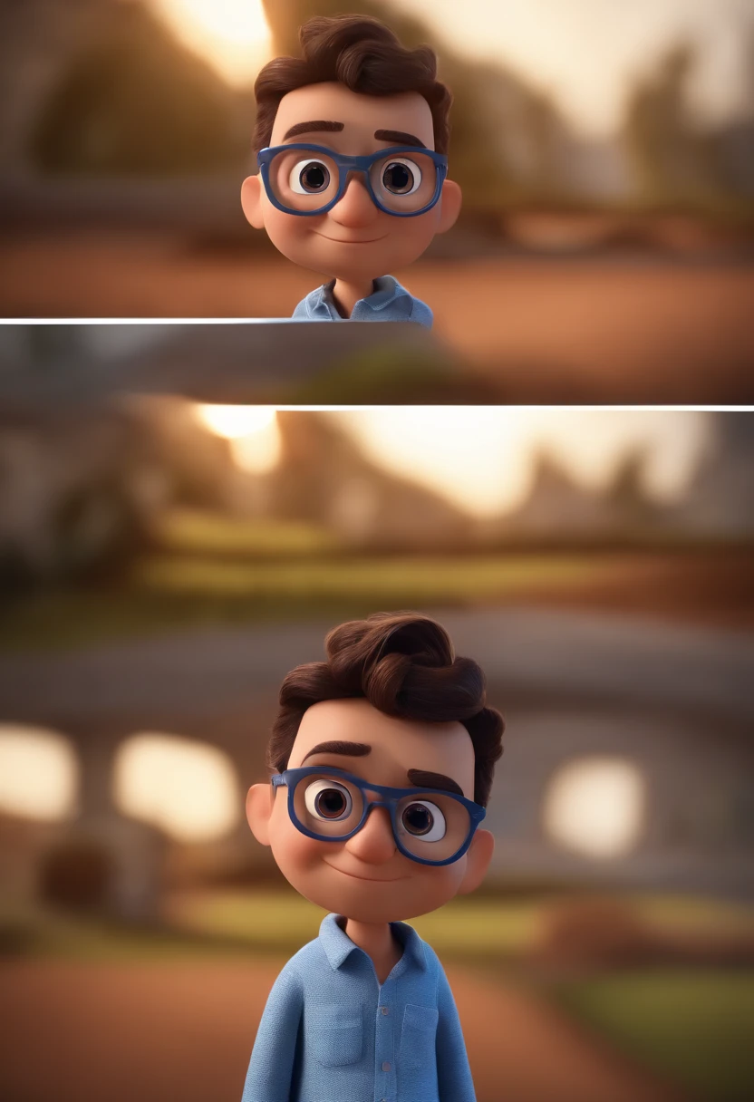 Cartoon character of a man with black glasses and a blue shirt, animation character, Caractere estilizado, animation style rendering, 3D estilizado, Arnold Maya render, 3 d render stylized, toon render keyshot, Personagem 3D, Personagem 3D, 3d rendering stylized, 3 d character render, personagem de desenho animado, Personagem de close up, Pose de personagem, (Estilo Pixar) (master part:1.2) (Bokeh) (best quality) (pele detalhada) (textura detalhada) (8k) (argila) (Cinematic lighting) (foco nítido