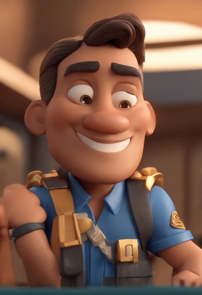 Personagem de desenho animado de um homem moreno,cabelo com topete,com 90 kilos e uma camisa azul, um personagem animado, Caractere estilizado, animation style rendering, 3D estilizado, Rafael, 3 d render stylized, toon render keyshot, Personagem 3D, Personagem 3D, 3d rendering stylized, 3 d character render, personagem de desenho animado, Personagem de close up, Pose de personagem, (Estilo Pixar) (master part:1.2) (Bokeh) (best quality) (pele moreno) (textura detalhada) (8k) (argila) (Cinematic lighting) (foco nítido，Senta e vaza a parte superior do corpo