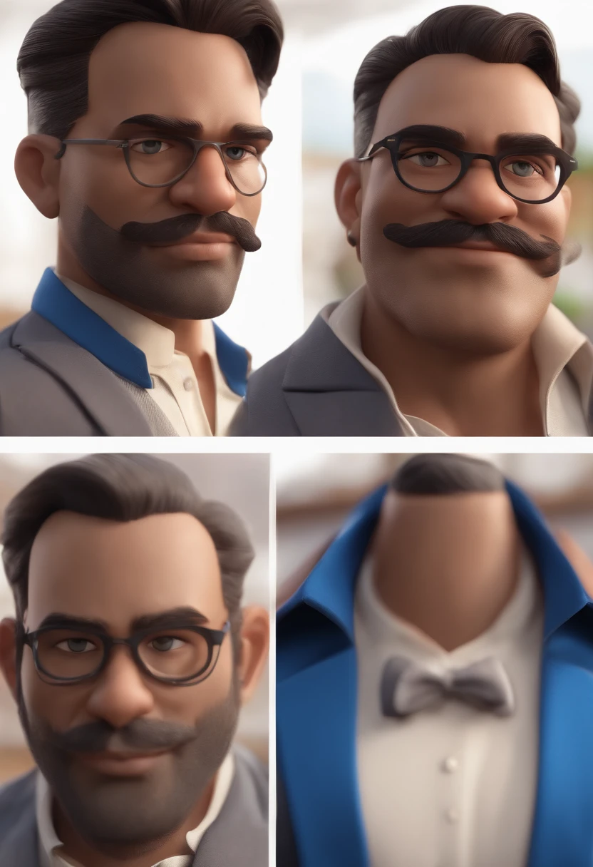 Personagem de desenho animado de um homem moreno,cabelo com topete,com 90 kilos e uma camisa azul, um personagem animado, Caractere estilizado, animation style rendering, 3D estilizado, Rafael, 3 d render stylized, toon render keyshot, Personagem 3D, Personagem 3D, 3d rendering stylized, 3 d character render, personagem de desenho animado, Personagem de close up, Pose de personagem, (Estilo Pixar) (master part:1.2) (Bokeh) (best quality) (pele moreno) (textura detalhada) (8k) (argila) (Cinematic lighting) (foco nítido,Senta e vaza a parte superior do corpo