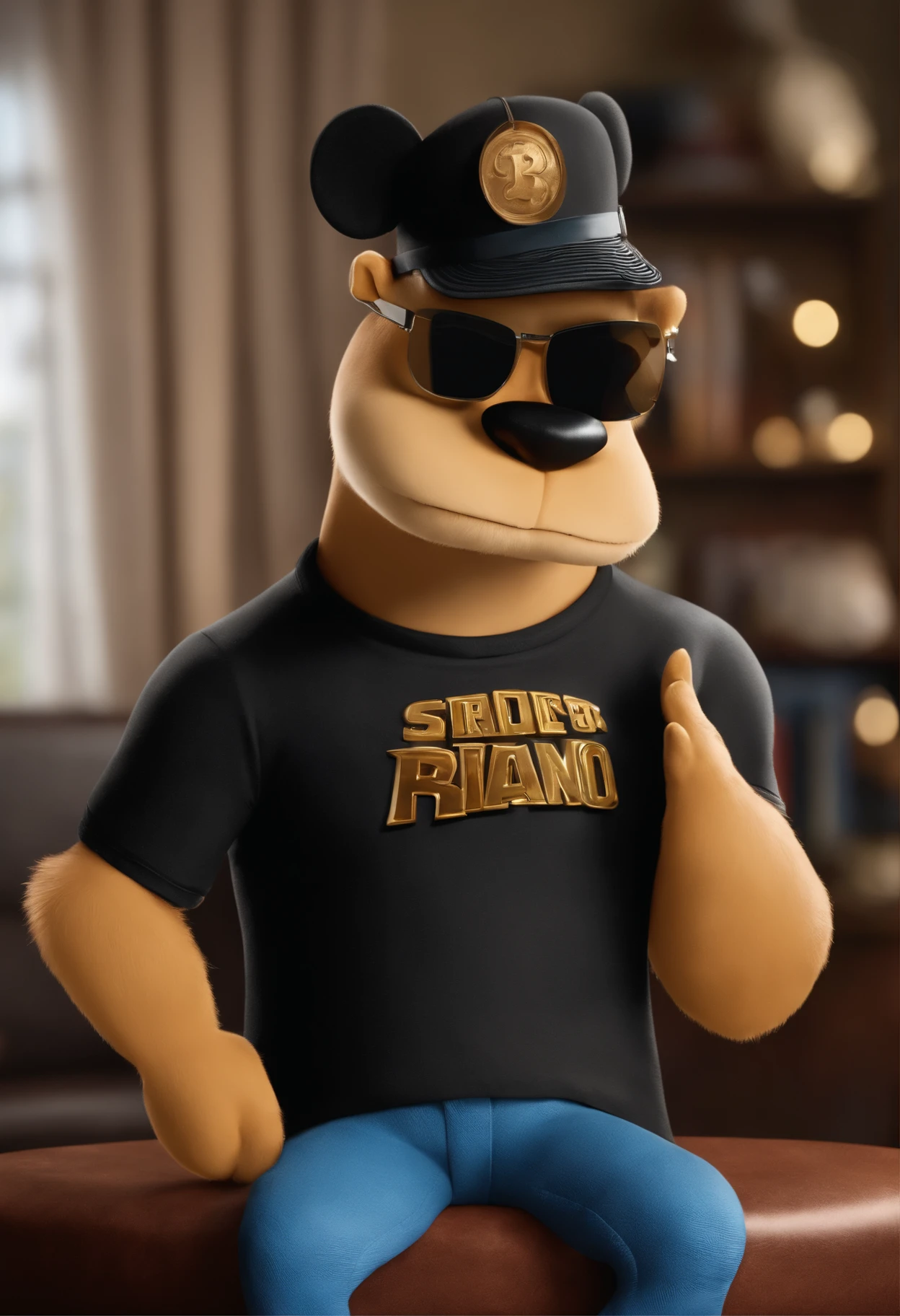 criar uma imagem no estilo do universo Disney Pixar 3D do filme Bruno, trata-se de um jovem de 30 anos de cabelos escuros, com barba fina, Wearing a black t-shirt that's a hacker, atua no ramo de fotografia automotiva , Trained in growth hacking and is almost sitting in her office negotiating her services with potential clients via video call.