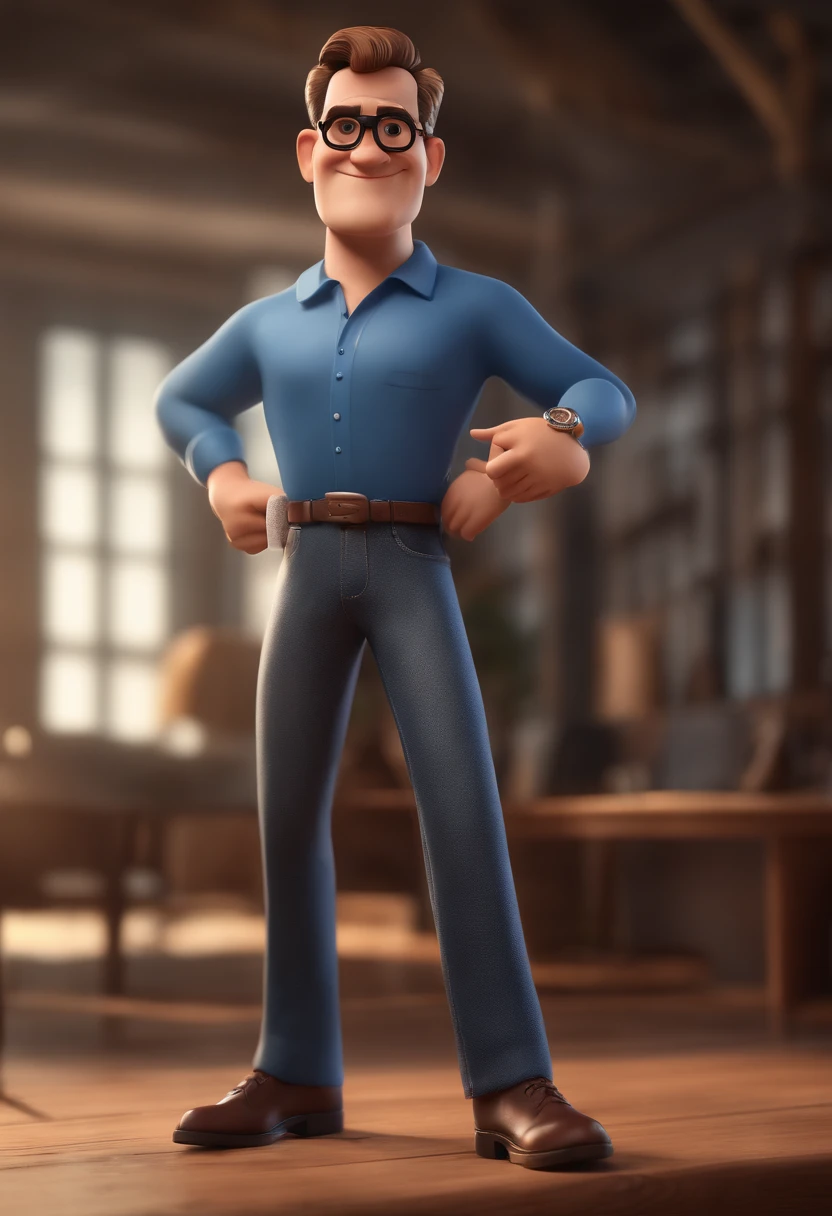 Cartoon character of a man with black glasses and a blue shirt, animation character, Caractere estilizado, animation style rendering, 3D estilizado, Arnold Maya render, 3 d render stylized, toon render keyshot, Personagem 3D, Personagem 3D, 3d rendering stylized, 3 d character render, personagem de desenho animado, Personagem de close up, Pose de personagem, (Estilo Pixar) (master part:1.2) (Bokeh) (best quality) (pele detalhada) (textura detalhada) (8k) (argila) (Cinematic lighting) (foco nítido