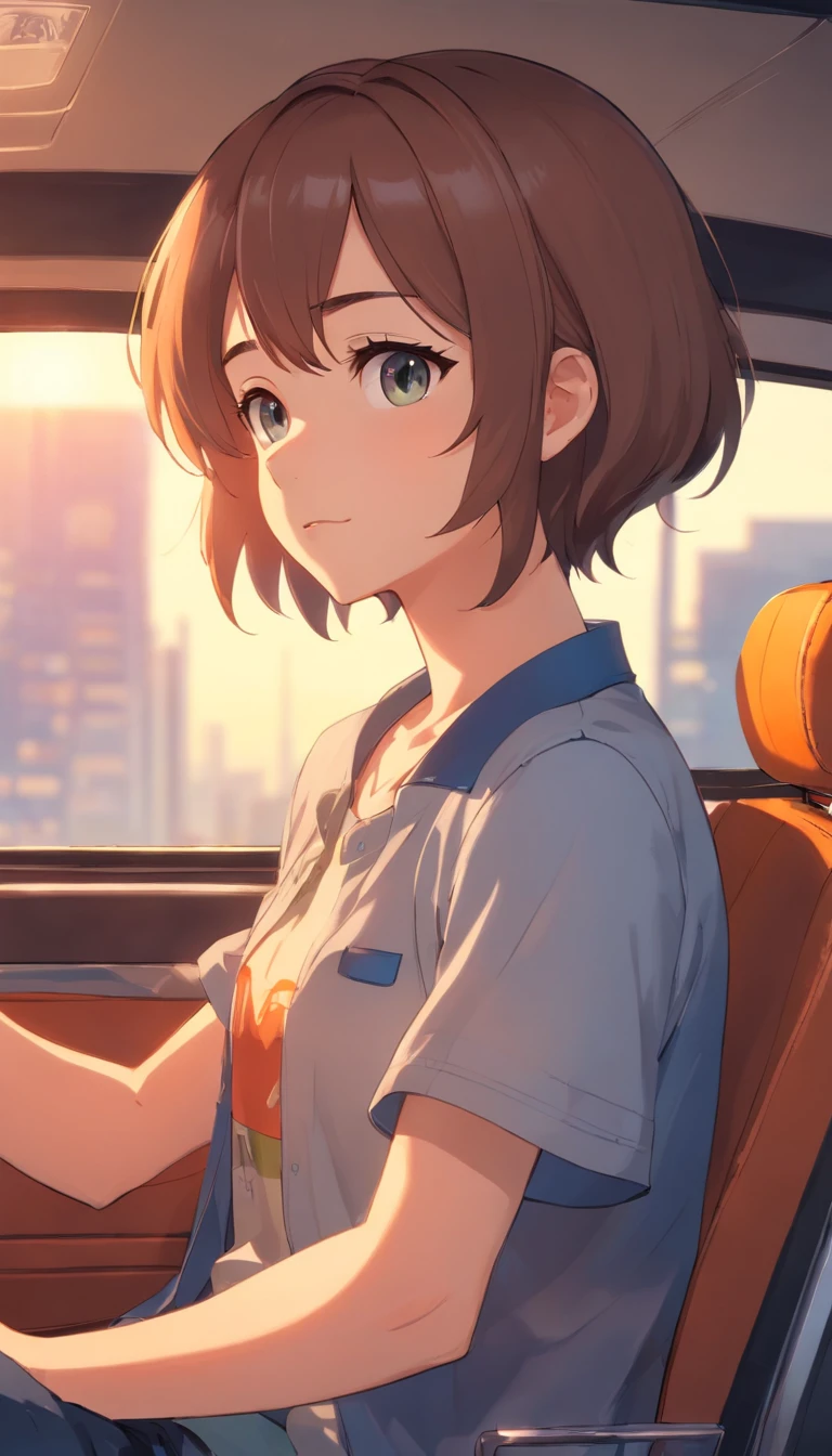 1girl, 独奏, White polo shirt, White sneakers, JK, White miniskirt, tmasterpiece, Best quality at best, realisticlying, ultra - detailed, (shiny skins), absurderes, looking at viewert, with short black hair, with brown eye,slenderness,Dynamic light and shadow,A high resolution,Sharp focus,depth of fields,The eyes are delicate,Sharp pupils,pupil realistic,(Very large breasts:1.6),(Thigh thick:1.0),exteriors,Skysky,Chest leakage,crisp breasts,A loving smile,looking at viewert,full blush,'s plump lips