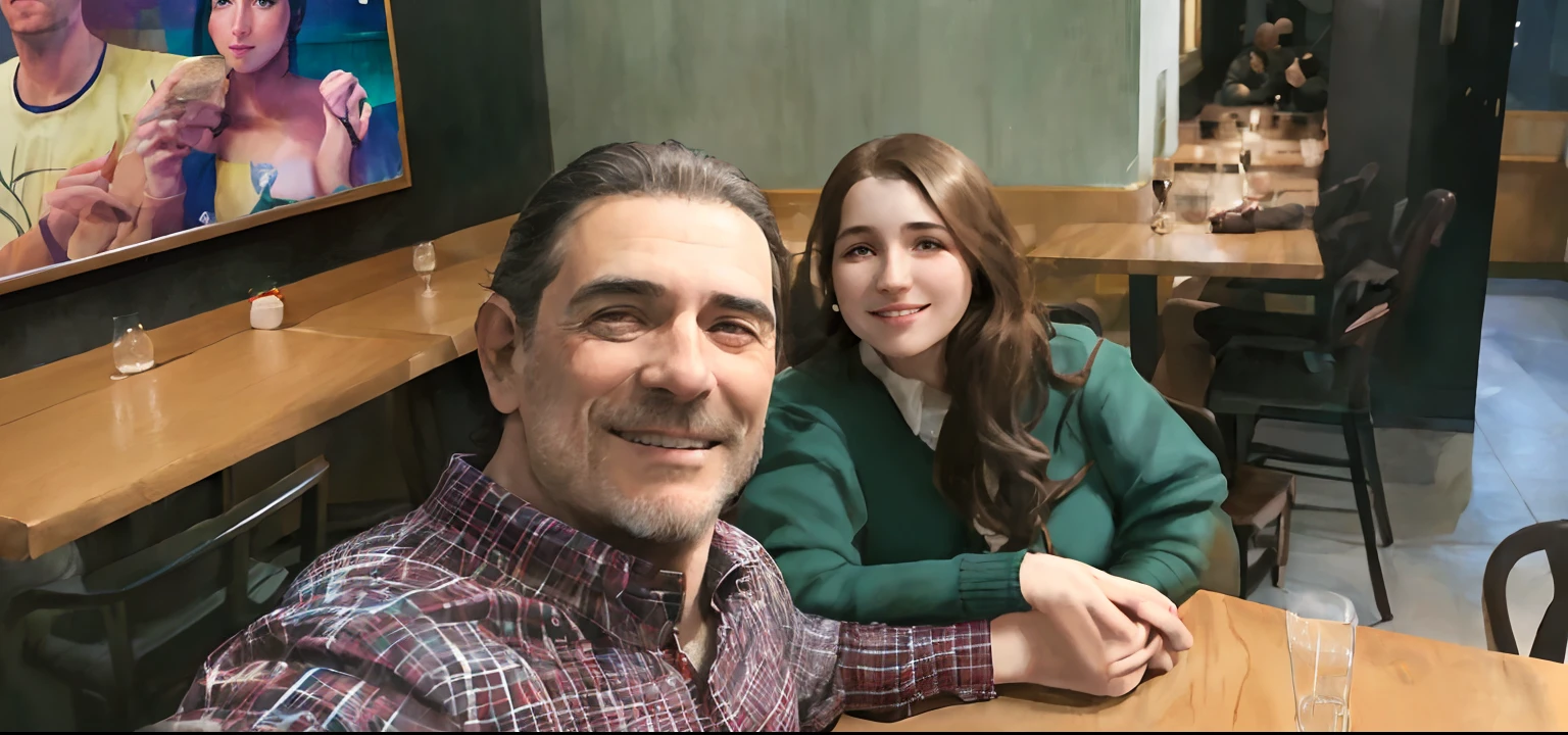 There is a man and a woman sitting at a table in a restaurant, Retrato de duas pessoas, foto do perfil, foto de perfil, foto retrato, Valentina Embaralhamento, uma imagem, Ignacio Fernández Rios ", John Picacio e Brom, Casal feliz, imagem de perfil, Directed by: Meredith Dillman, casal sorridente, foto modo retrato, retratado dos ombros para cima, Capturado no iPhone