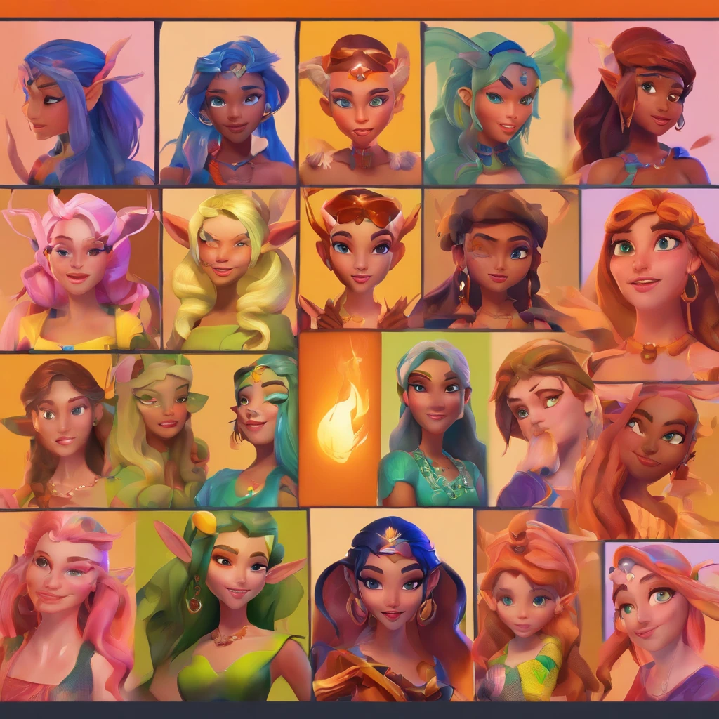 (((master part))), best quality, Hyper detailed gouache style painting portrait of a group of beautiful female elves, sombras suaves, texturas hiper realistas, 8k, best quality, realistic cartoon features, stylised illustration, sombras suaves, Anatomia correta, chromatic aberration, Destaques Neon, luzes quentes globais, dinamic poses, expressive facial expressions