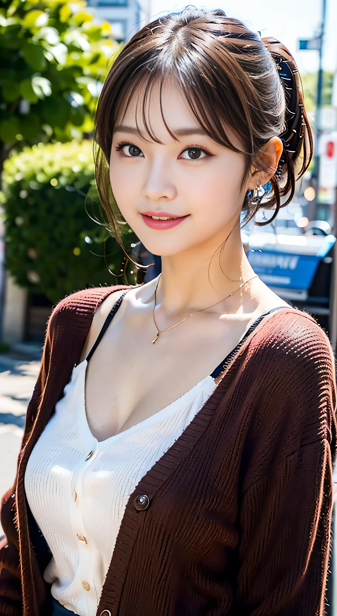 （３２K,high-detail,high detal,hight resolution,highdensity,独奏,Lori：1.3）,（Realistic people,Live action,A detailed eye,High resolution eyes,Fine eyes,Eyes that look like they are alive,beautiful dark blue eyes,Fishing eyes,Detailed lips,Crystal clear white skin,detailed realistic faces：1.3）,（Japanese ido,Korean Idols,model in Japan,Korean models：1.2）,（with a flushed face,natural make up,a necklace,piercings：1.4）（Blouse,Red pumps with high heels,Wide pants,Red cardigan,Business Casual Fashion：1.6）,（well-shaped breasts：1.5）,（Young but very beautiful and elegant Japan people１6 year old beautiful girl,Cute black eyes,Smile a little coldly,facing back,turned around,Looking at the camera,Fashion Leader,Business Girl,Soft skin,Unforgettable eyes,Her eyes are too beautiful,Business Pants Fashion,Pink Short Cut Low Ponytail：1.6）,（showing your whole body,Show full-body fashion,：1.7）