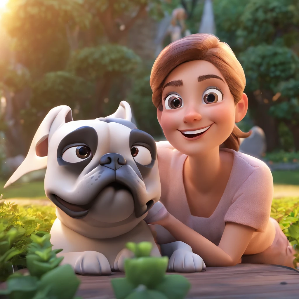 Franzi is a smiling woman, com seu fiel amigo, Molly, The French Bulldog Black and White Colored Lying in the Garden, Estilo Disney Pixar