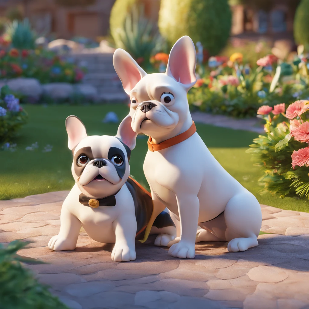 Franzi is a smiling woman, com seu fiel amigo, Molly, The French Bulldog Black and White Colored Lying in the Garden, Estilo Disney Pixar