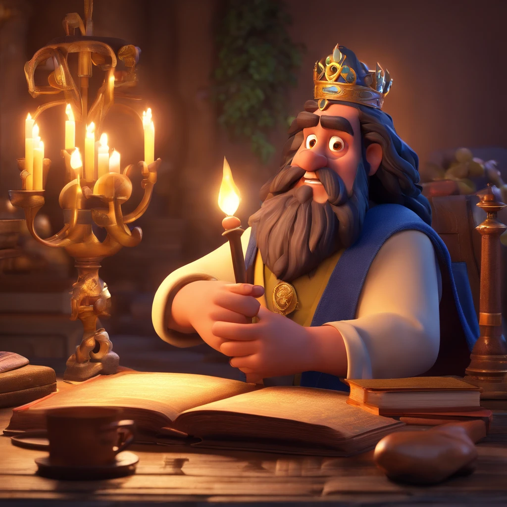 Create a Disney Pixar-inspired poster with the character being King Solomon, The Sage, Um homem jovem de cabelos grisalhos , in a sanctuary with a Bible on the table, estudando bem concetrado, With a spiritual enlightenment all around you