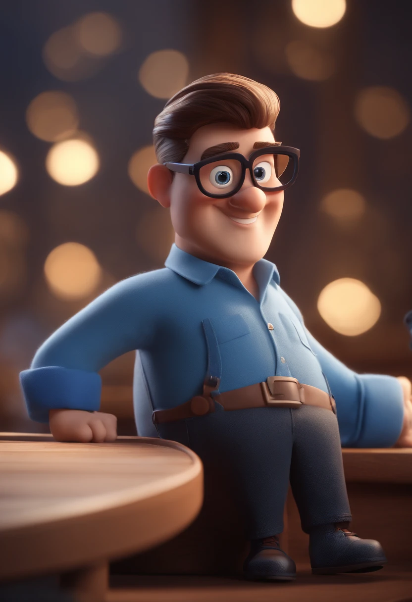 Cartoon character of a man with black glasses and a blue shirt, animation character, Caractere estilizado, animation style rendering, 3D estilizado, Arnold Maya render, 3 d render stylized, toon render keyshot, Personagem 3D, Personagem 3D, 3d rendering stylized, 3 d character render, personagem de desenho animado, Personagem de close up, Pose de personagem,  (Estilo Pixar) (master part:1.2) (Bokeh) (best quality) (pele detalhada) (textura detalhada) (8k) (argila) (Cinematic lighting) (foco nítido