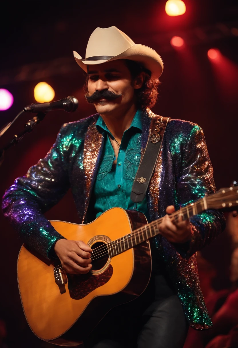 homem com cavanhaque e mustache, com jaqueta de paete, Playing guitar at a concert, estilo disney pixar