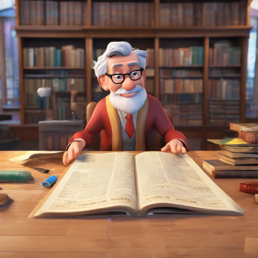 Crie um cartaz inspirado na Disney Pixar com o personagem sendo o pastor Rubens Janier, A gray-haired man wearing glasses, in an office with a Bible on the table