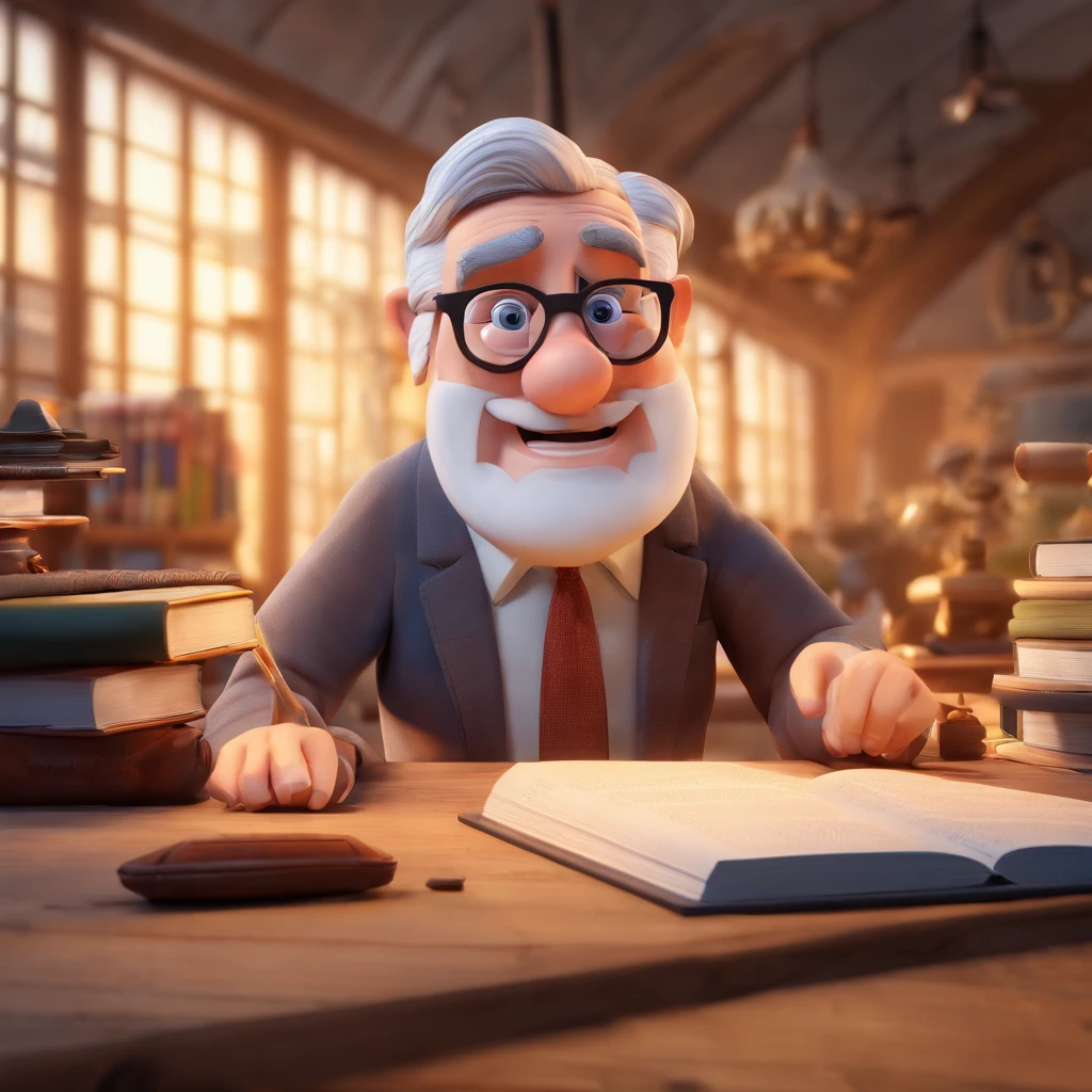 Crie um cartaz inspirado na Disney Pixar com o personagem sendo o pastor Rubens Janier, A gray-haired man wearing glasses, in an office with a Bible on the table