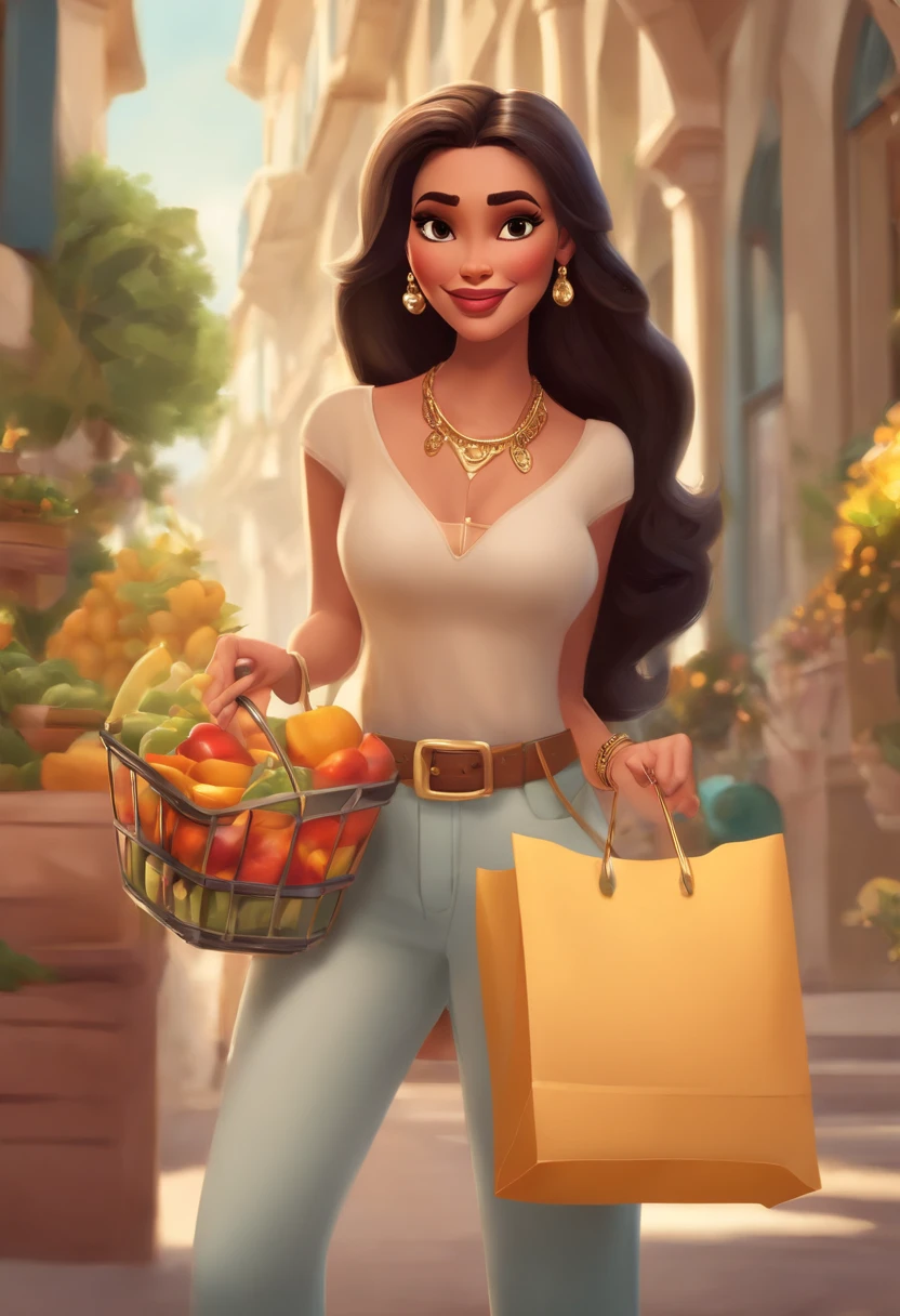 style pixar cartoon, 30-year-old woman, rounded face, fair skin, large and rounded nose, large teeth, long dark brown hair, large black eyes, large mouth, slight dark circles under her eyes, gold and silver necklace and bracelets, holding shopping bags from the brand,