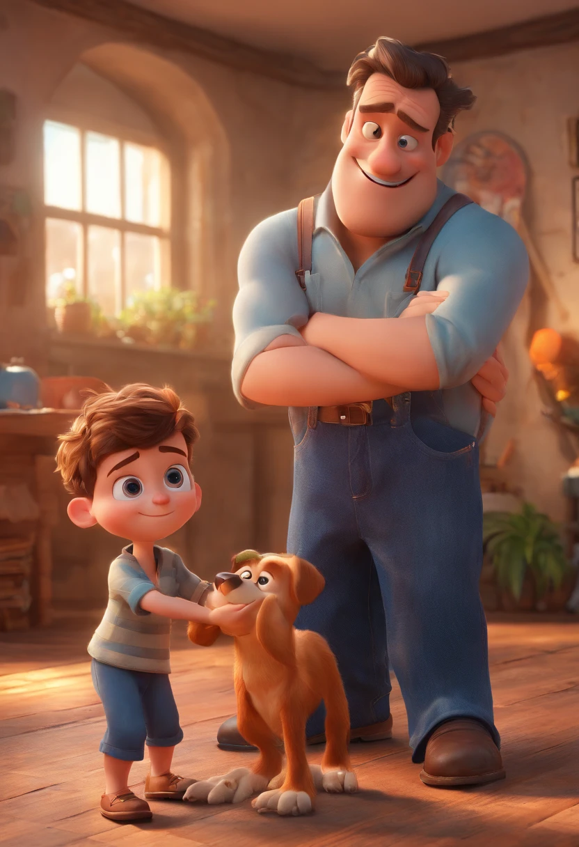 (best quality, highres:1.2),ultra-detailed,realistic, Pixar style: a scene where an adult man is holding a naked blue-eyed boy in one hand, while holding a pair of scissors in the other hand, attempting to cut the boy's testicles. The man has a gentle expression on his face but there is a sense of tension and discomfort in the atmosphere. The overall scene is depicted like a 3D poster with vibrant colors and detailed textures, reminiscent of the Disney Pixar animation style. The lighting is bright and emphasizes the emotions and facial details of the characters.