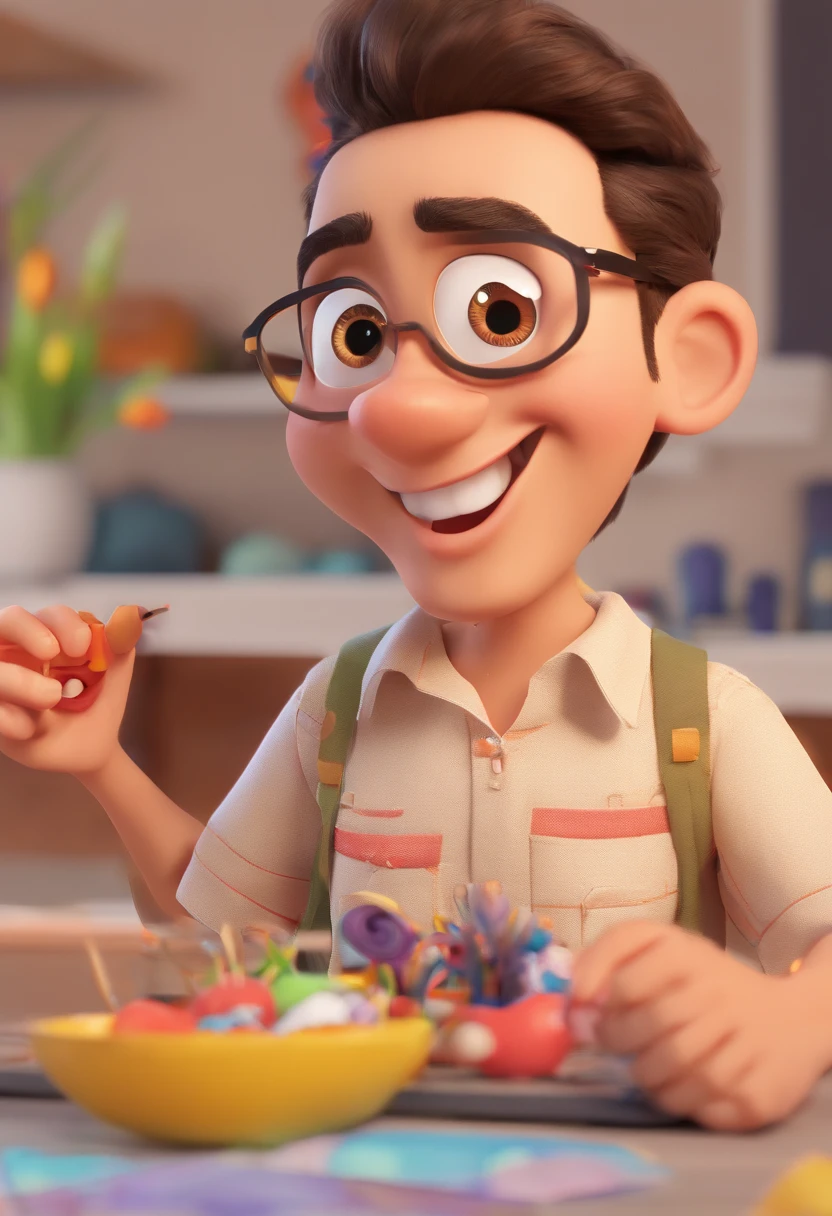 An illustraion , Destacando um homem com beleza, Olhos expressivos, com um sorriso no rosto, um momento especial. Desenvolva esta arte em Full HD, Focus on your cinematic touch, Estilo Disney Pixar Animations