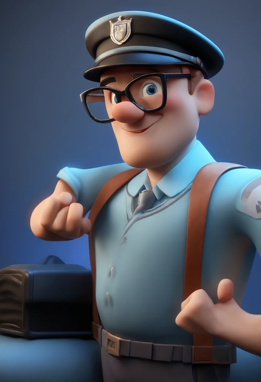 Cartoon character of a man wearing black glasses and a blue shirt, um personagem animado, Caractere estilizado, animation style rendering, 3D estilizado, Arnold Maya render, 3 d render stylized, toon render keyshot, Personagem 3D, Personagem 3D, 3d rendering stylized, 3 d character render, personagem de desenho animado, Personagem de close up, Pose de personagem, (Estilo Pixar) (master part:1.2) (Bokeh) (best quality) (pele detalhada) (textura detalhada) (8k) (argila) (Cinematic lighting) (foco nítido,Senta e vaza a parte superior do corpo
